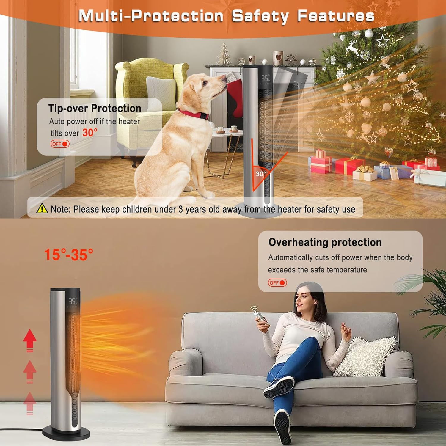 23.6"Tower Space Heater with Adjustable Thermostat,Remote Control & 12H Timer, Tip-Over Switch & Overheating Protection, 1900W, 3 Mode, 12H Timer,Ptc Ceramic Rapid Heat for Office Home (AU Plug) image number 3