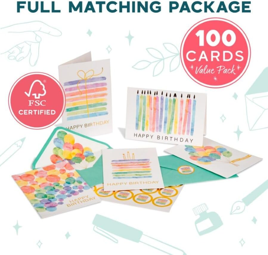 VNS Creations 100 Happy Birthday Cards, Assorted Watercolor & Gold Foil Blank Birthday Notes Pack, Bulk Boxed Assortment Set of Greeting Note Cards W/Envelopes & Stickers image number 3