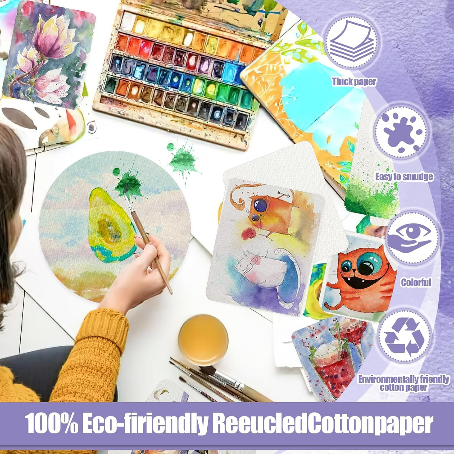 Watercolor Paper, 100 Pcs Watercolor Paper Pad, Watercolor Paper Bulk for Students, Adults, Artists, Sketch Painting (Square + Round) image number 3