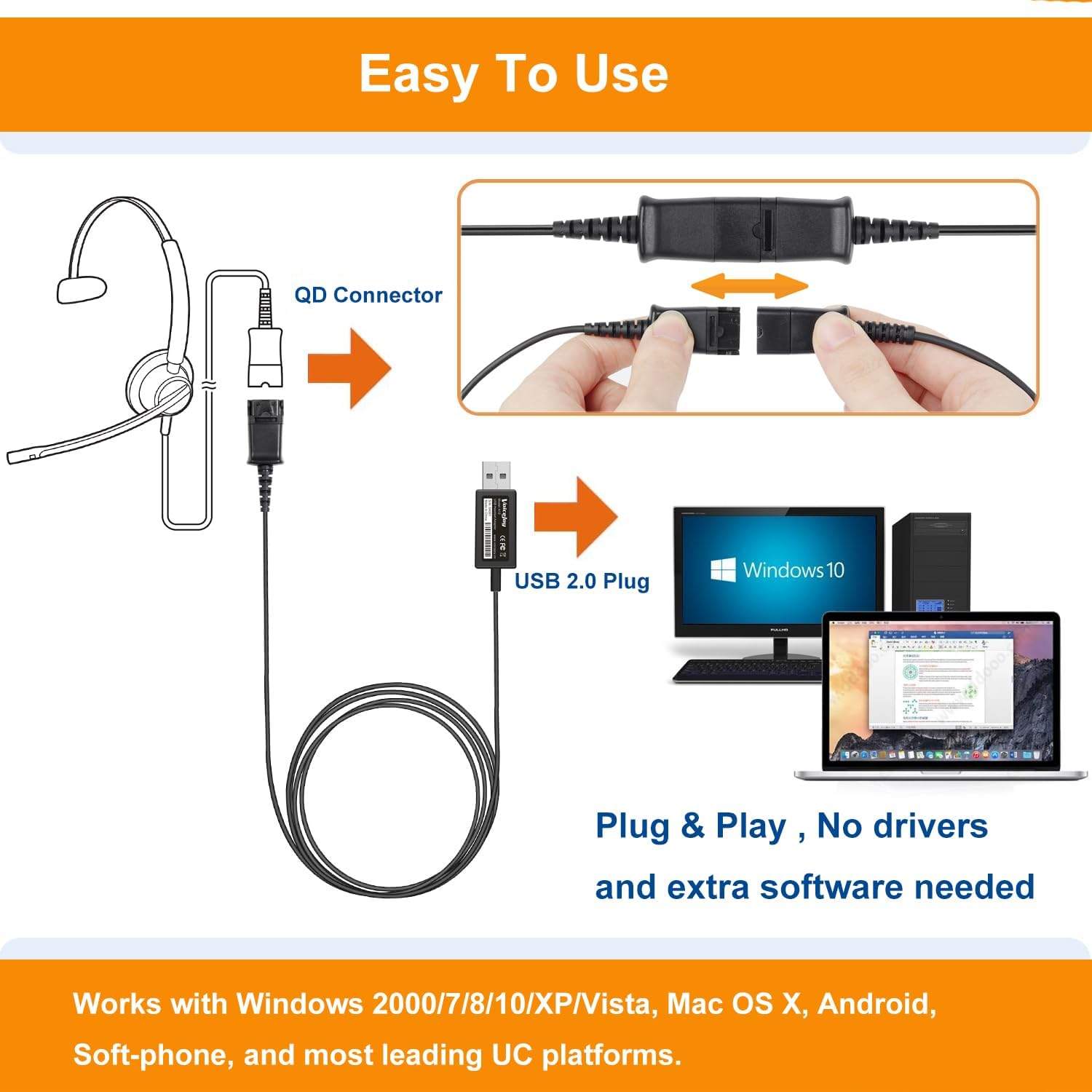 Call Center Office Headset Quick Disconnect QD Cable to USB Plug Adapter Compatible with Plantronics Headset QD Connector Plug to Any Computer Laptop VOIP Softphone image number 6