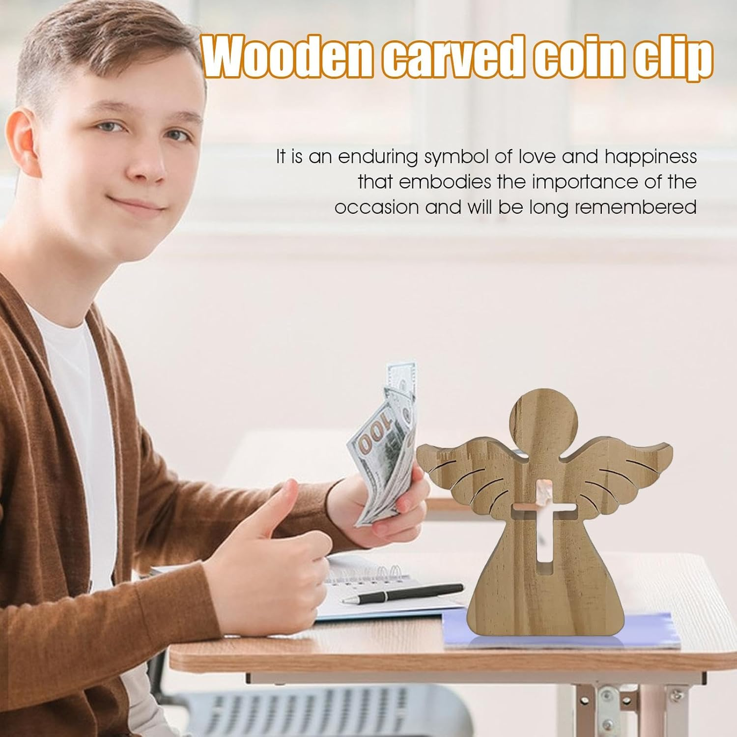 Wooden Money Holder Wooden Angel Money Clip with Angel Sculpture Made of Wood - Creative Wood Crafts Money Clip for Christening, Communion, Confirmation, Wedding image number 1