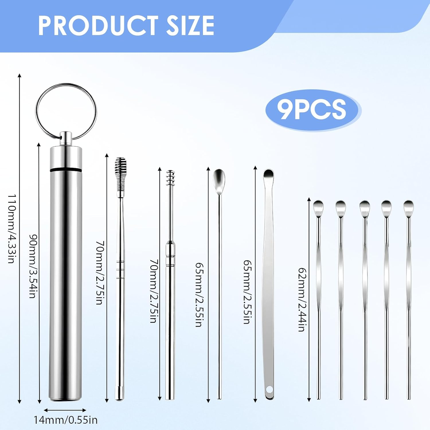9 Pcs Ear Pick Earwax Removal Kit, Stainless Steel Ear Wax Removal Tools Set with Double-Headed Curette, Spiral Earpick and Cleaning Brush, Safe for Adults and Kids, Portable Storage Case Included. image number 2