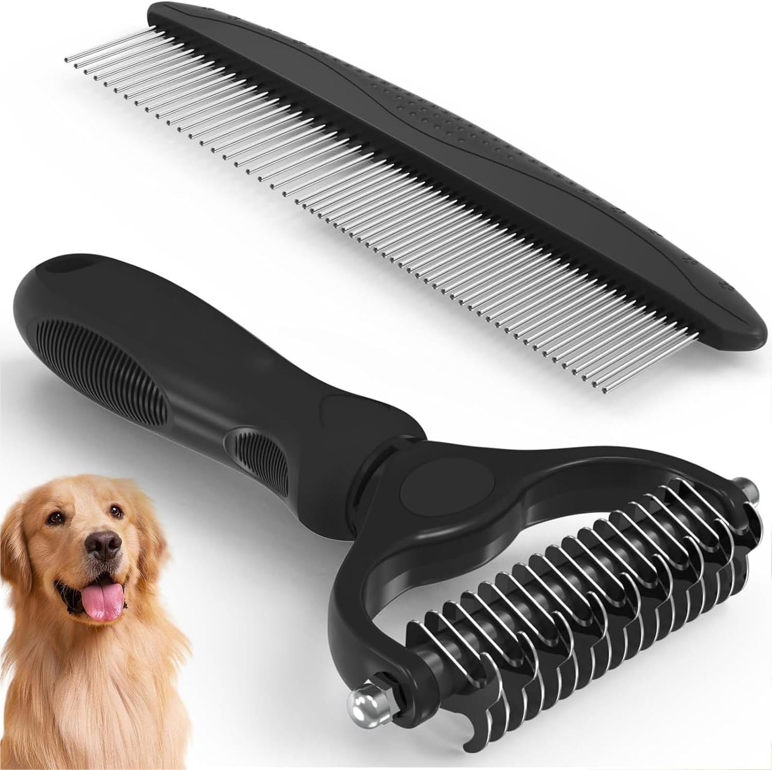 Mumoo Bear Pet Grooming Combo - Black Deshedding Brush with Metal Comb for Detangling and Dematting Long, Matted Fur on Cats and Dogs