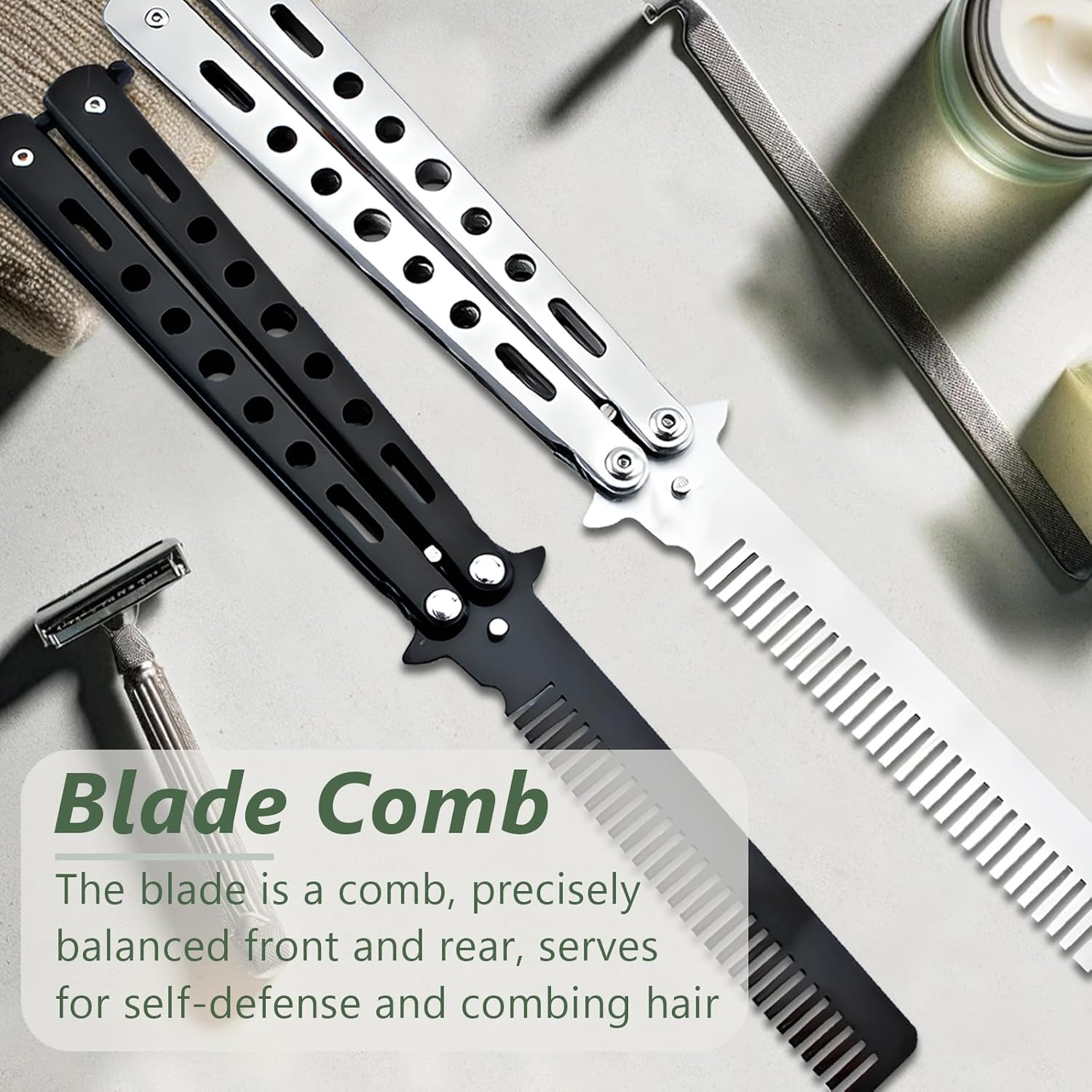 Jaasuee 2 Pieces Stainless Steel Folding Practice Combs Available in Black and Silver, Foldable Hair Styling Tools for Sports and Outdoor Use, Silver+Black image number 2