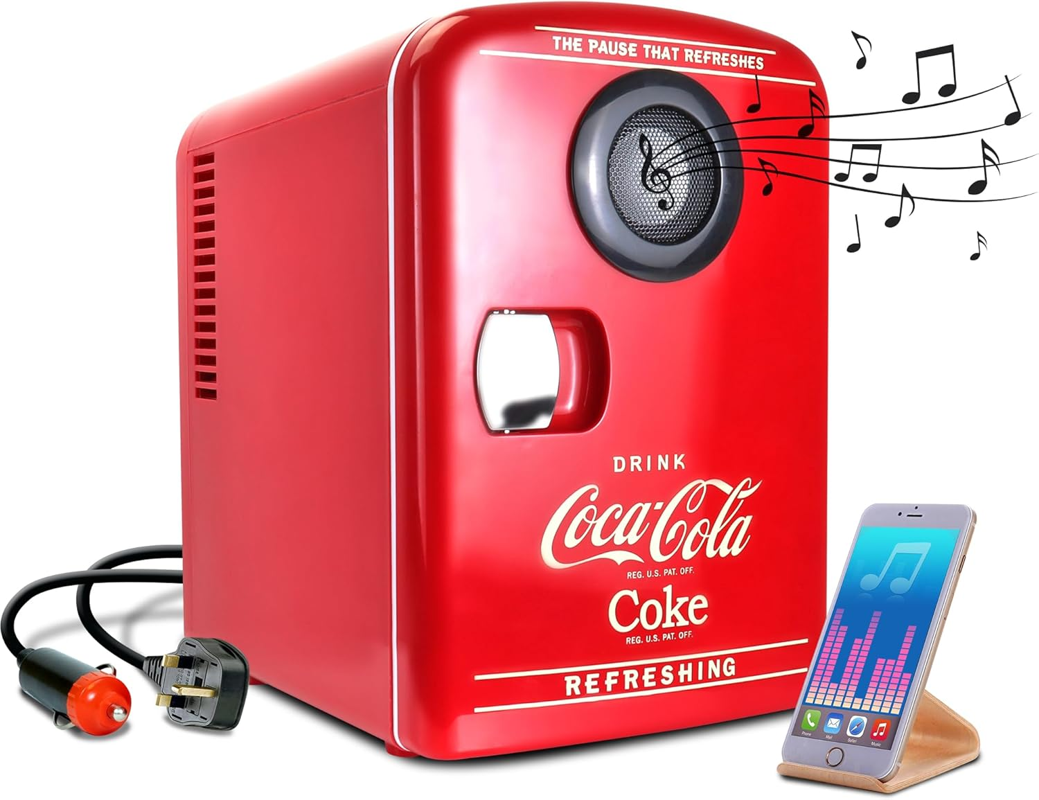 Coca Cola Mini Fridge - Refrigerator for Bedroom Skincare Office, Portable Table Top Beverage Cooler 12V DC/220V AC Refrigerador for Drink, Soda, Wine, Use in Car, Dorm, Patio, Bluetooth, 6 Can image number 3