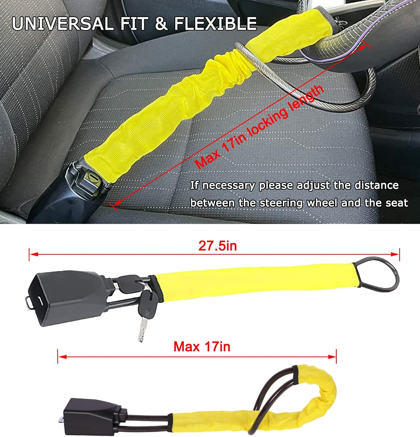 ASENDIWAY Steering Wheel Lock Seat Belt Lock anti Theft Device Car Lock Car anti Theft Prevention Security with 2 Keys Universal Fit Most Cars Vehicle Truck SUV Van (Yellow) image number 4