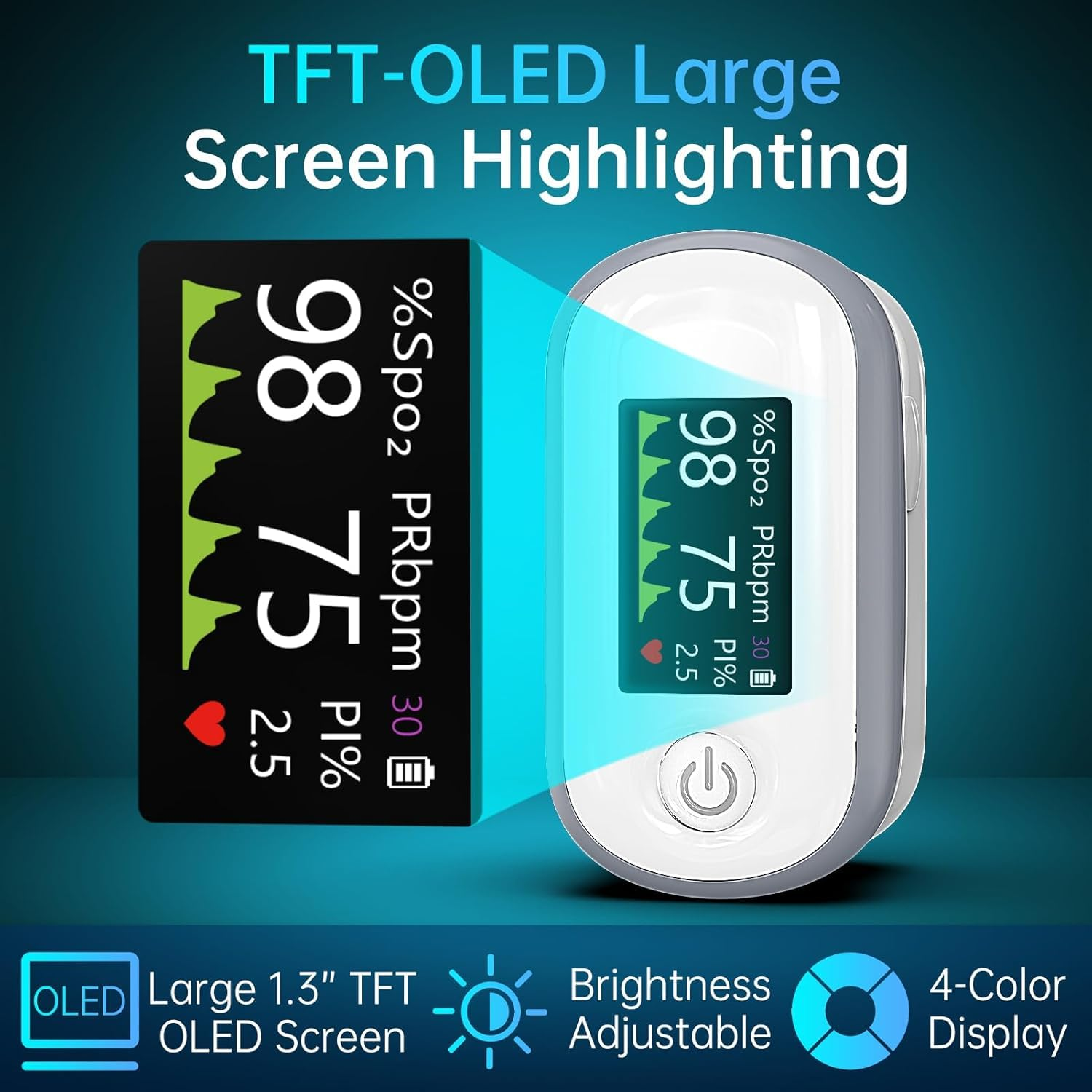 Pulse Oximeter, 4 Color OLED Display Oxygen Monitor Fingertip with 20 &times; Memory, Blood Oxygen Saturation Monitor (Spo2), Alarm & Brightness Adjustable, Batteries & Lanyard image number 4