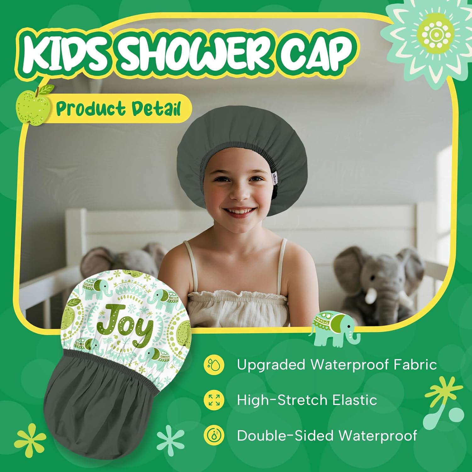 Years Calm Kids Shower Cap, Waterproof Reusable Cartoon Bath Cap with Double Layers & Soft Elastic Band, Washable Shower Hat for Boys and Girls, Great for Daily Bath (Elephant, One Size) - Elephant image number 2