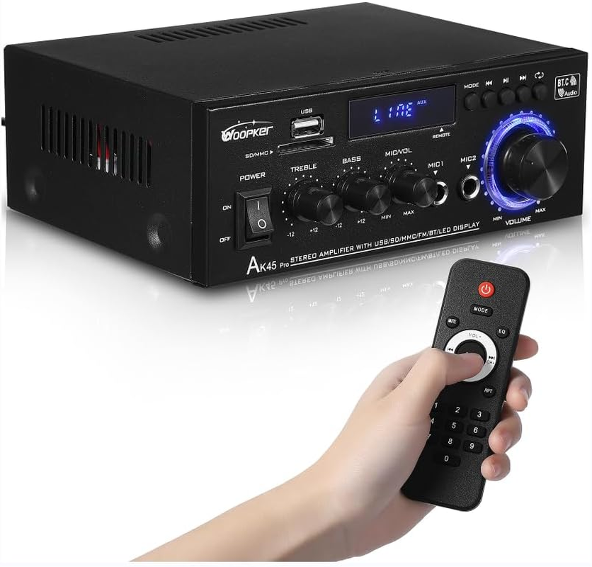 AK45 PRO Stereo Audio Amplifier, 425W Home 2 Channel Wireless Bluetooth 5.0 Power Amplifier System, Home Amplifiers FM Radio, USB, SD Card, with Remote Control Home Theater Audio Stereo System image number 6