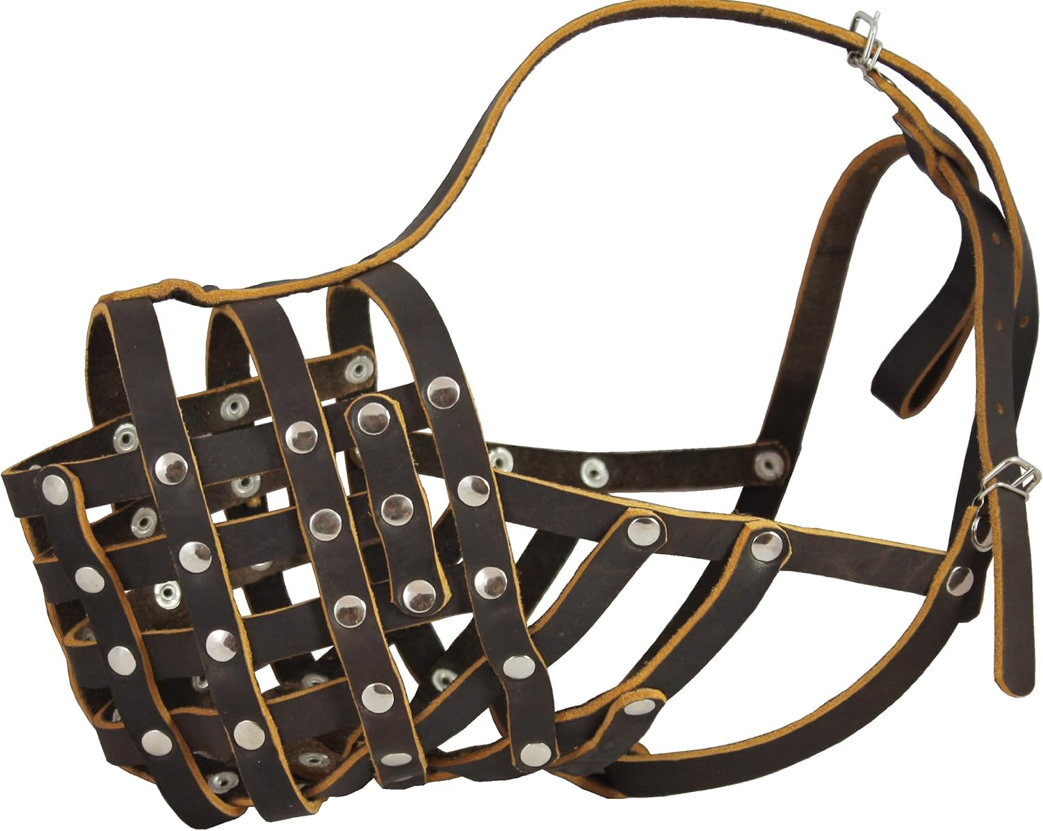 Real Leather Cage Basket Secure Dog Muzzle - Great Dane, Saint Bernard, Mastiff (Circumference 18.5", Snout Length 4.7") image number 1