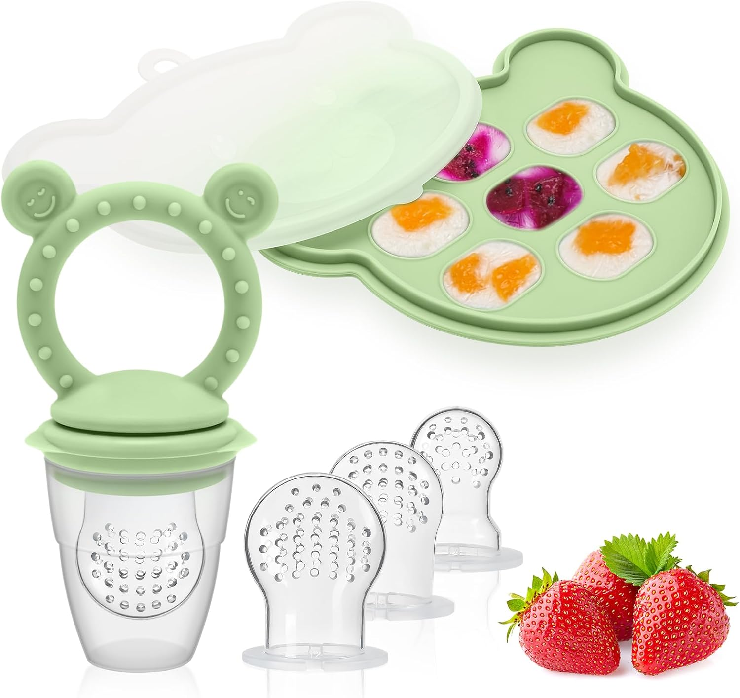 Baby Silicone Fruit Food Feeder Pacifier & Breastmilk Popsicle Freezer Molds, BPA Free Baby Food Storage Containers Frozen Ice Tray for Baby Feeding Safely, Infant Fruit Teething Toy