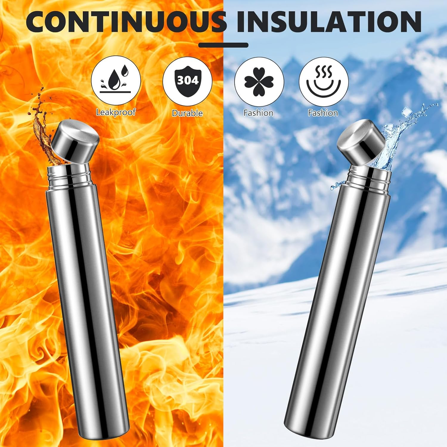 Vesici Slim Water Bottle 8.8 Oz Small Stainless Steel Purse Compact Insulated Water Bottles Camping Travel Backpack Pocket Flask for Car Cold Coffee Tea(Silver,2 Pack) - Silver image number 4