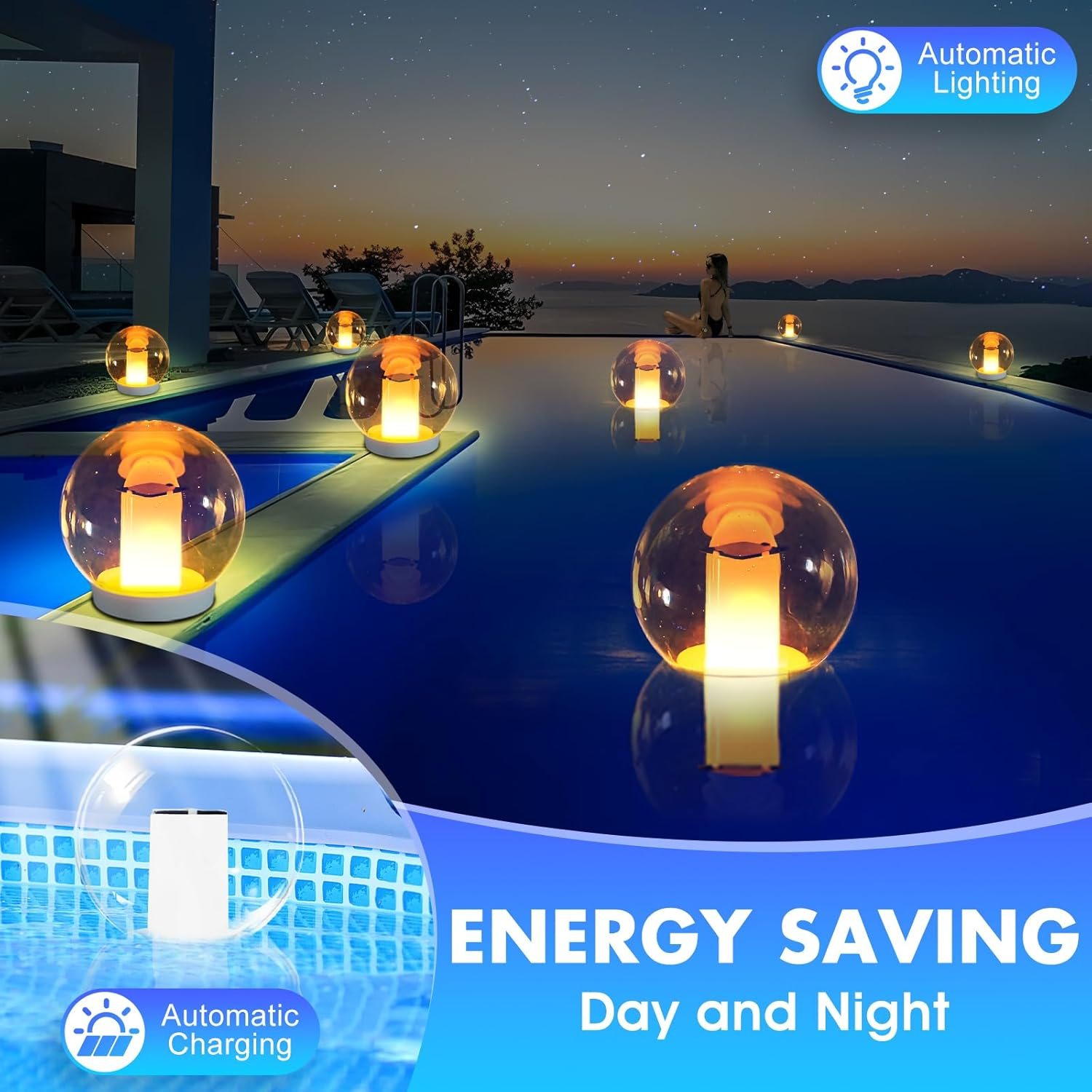 Floating Pool Lights, Solar Powered Flame Pool Lights, IP68 Waterproof Swimming Pool Lights That Float, Glow in the Dark Pool Ball Lights, Solar Floating Lights for Pool, Pond Gifts -2PCS image number 1