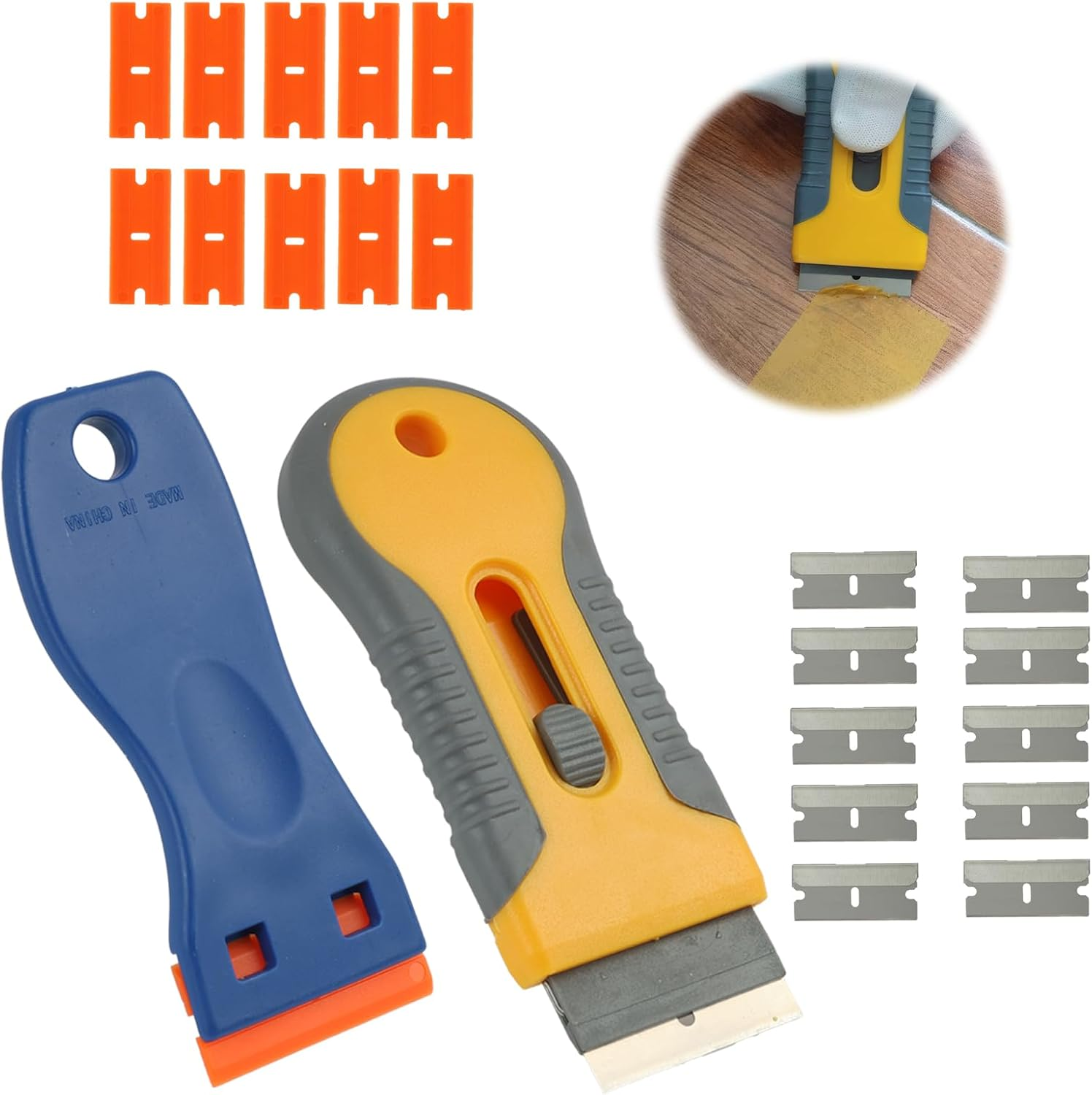 2 Pcs Scraper with 20 Extra Blades, Multi-Purpose Razor Blade Scraper Tool for Tile Window Glass Ceramic Hob Stove Top Remove Labels, Stickers Glue Residue Paint (Includes Metal & Plastic Blades) image number 3