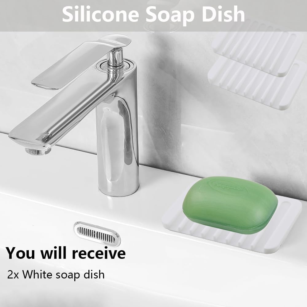 Vekol Self Draining Soap Dishes 2PCS Silicone Soap Holder Waterfall Drainer Soap Saver, Sponge Holder, Dish Soap Tray for Shower, Bathroom, Kitchen, Bath Tub, Razor (White+White) - Camo+Camo image number 4