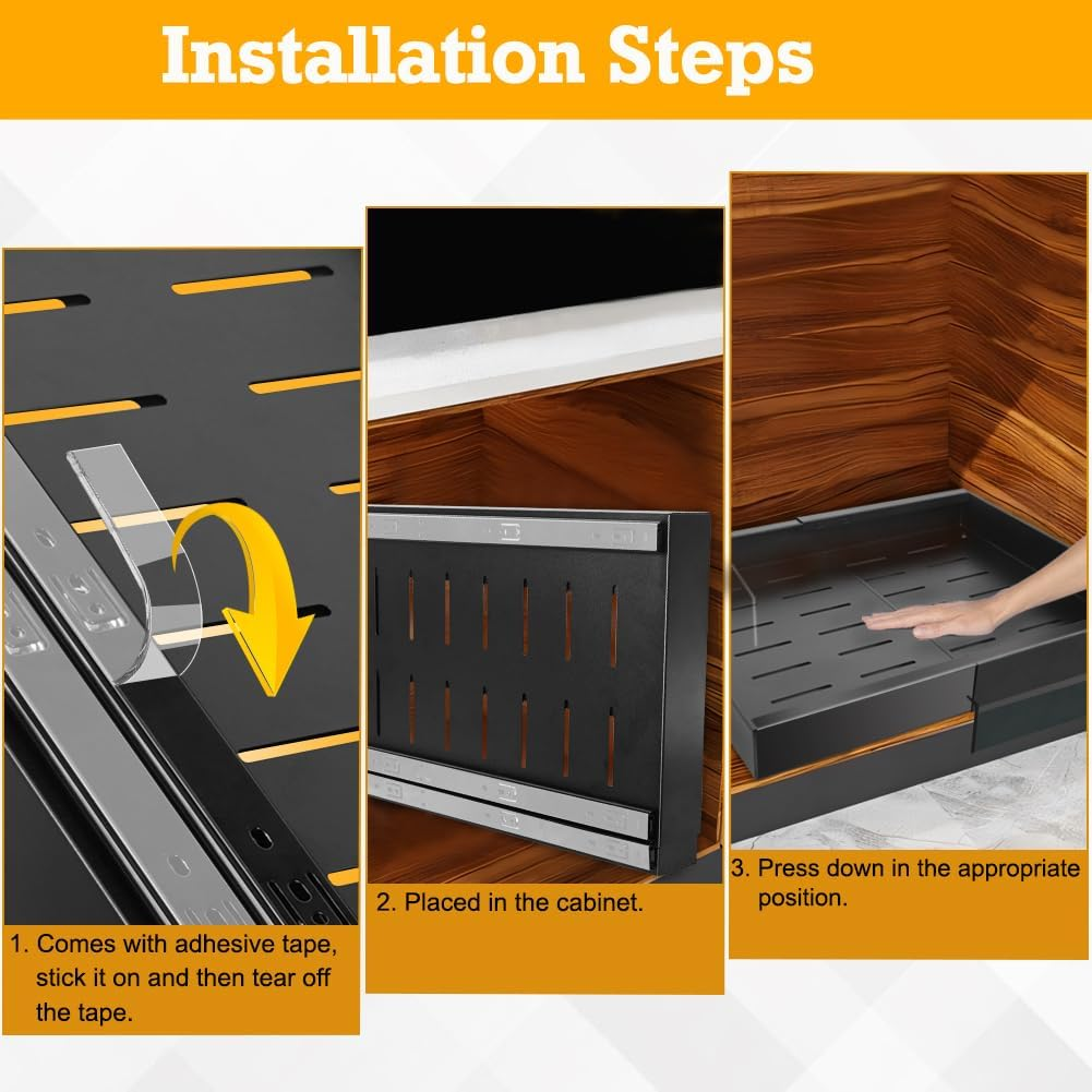 2 Pack Pull Out Cabinet Organizer, Expandable (12.6-18.9In) Pull Out Drawers for Cabinets with Adhesive Slide Out Drawers for Kitchen Pantry Bathroom Home Storage, Black