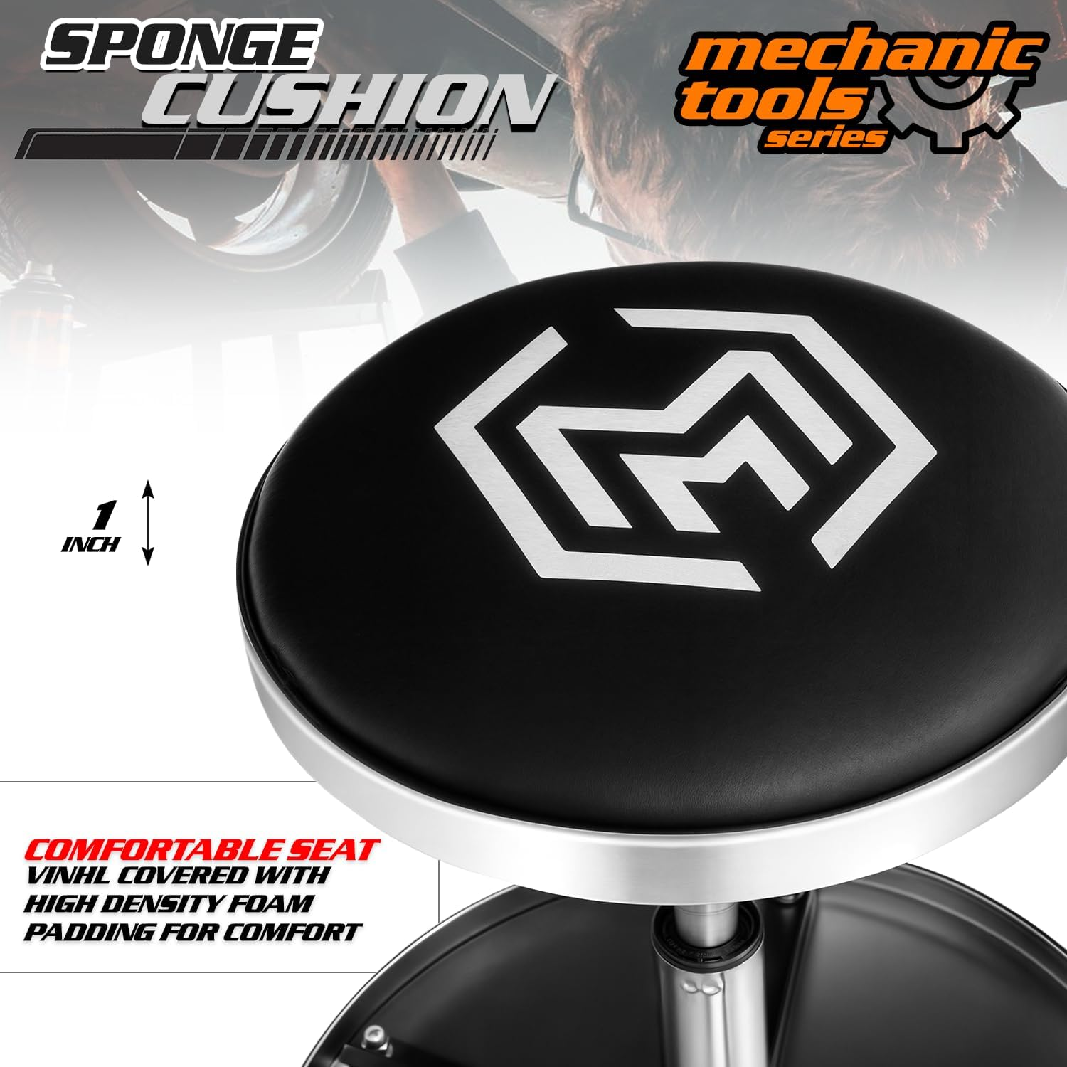 M-AUTO Pneumatic Rolling Mechanic Stool with Wheels 250-Pound Capacity Creeper, 18" to 23" Adjustable Height Mobile Garage Shop Seat with Detachable Tool Tray Storage, Black image number 1