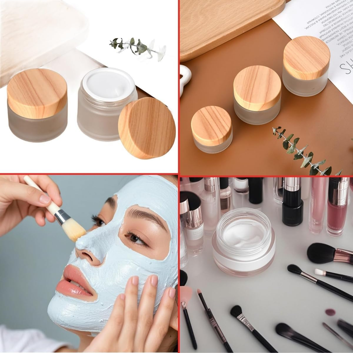 9PCS Glass Bottles, Glass Cosmetic Container with Lid, Refillable Matte Cosmetic Cream Jar round Small Wood Grain Lid, for Makeup, Lip Scrub, Body Lotion, Eye Cream Sample Diy(10G/Ml) image number 1
