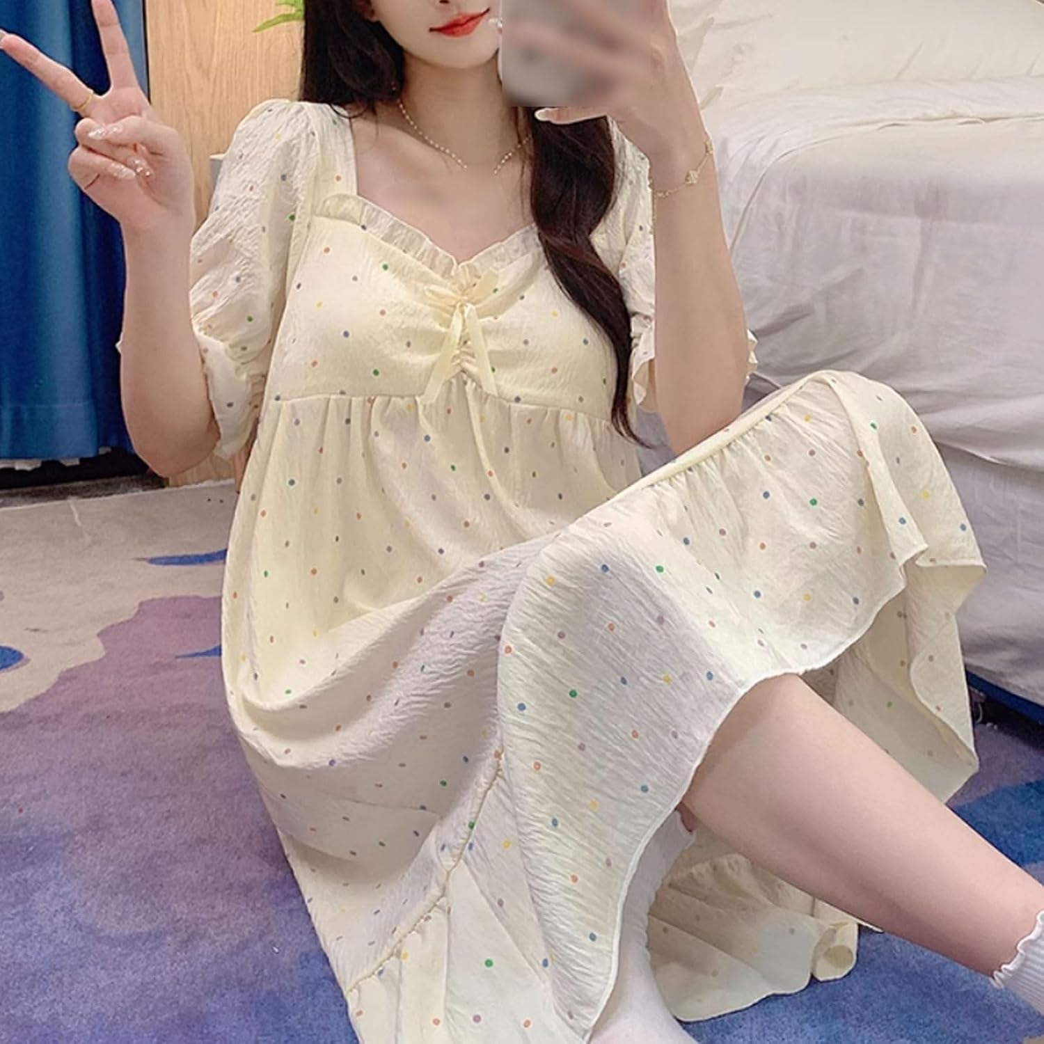 Fiber Blended Nightgown Short-Sleeved with Chest Pads Loose and Thin Nightdress Can Be Worn Outside image number 6