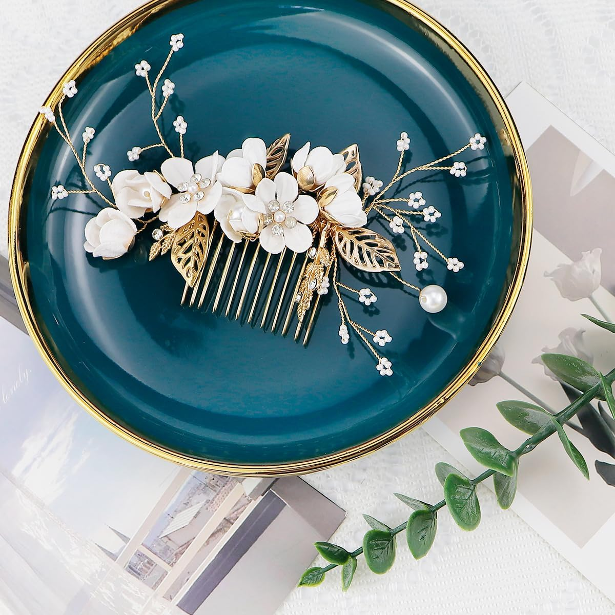 FERCAISH Wedding Hair Comb Flower, Crystal Bridal Hair Accessories, Pearl Leaf Headpiece for Wedding Bride Bridesmaid (White) image number 6