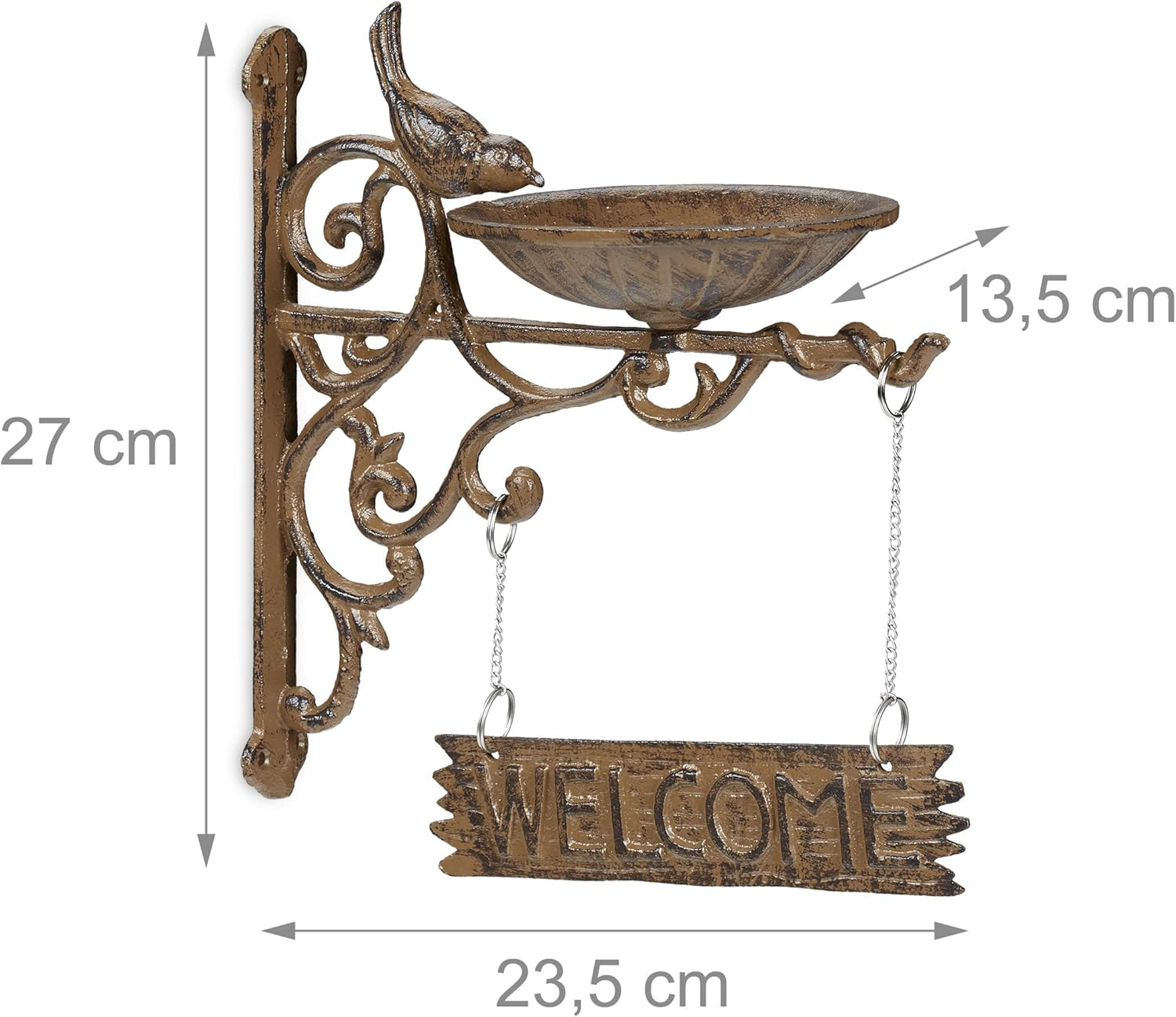 Relaxdays, Brown Cast Iron Hanging Bath with Welcome Sign, Garden Decor, Feeding Bowl, Font for Wild Birds - Bronze image number 7