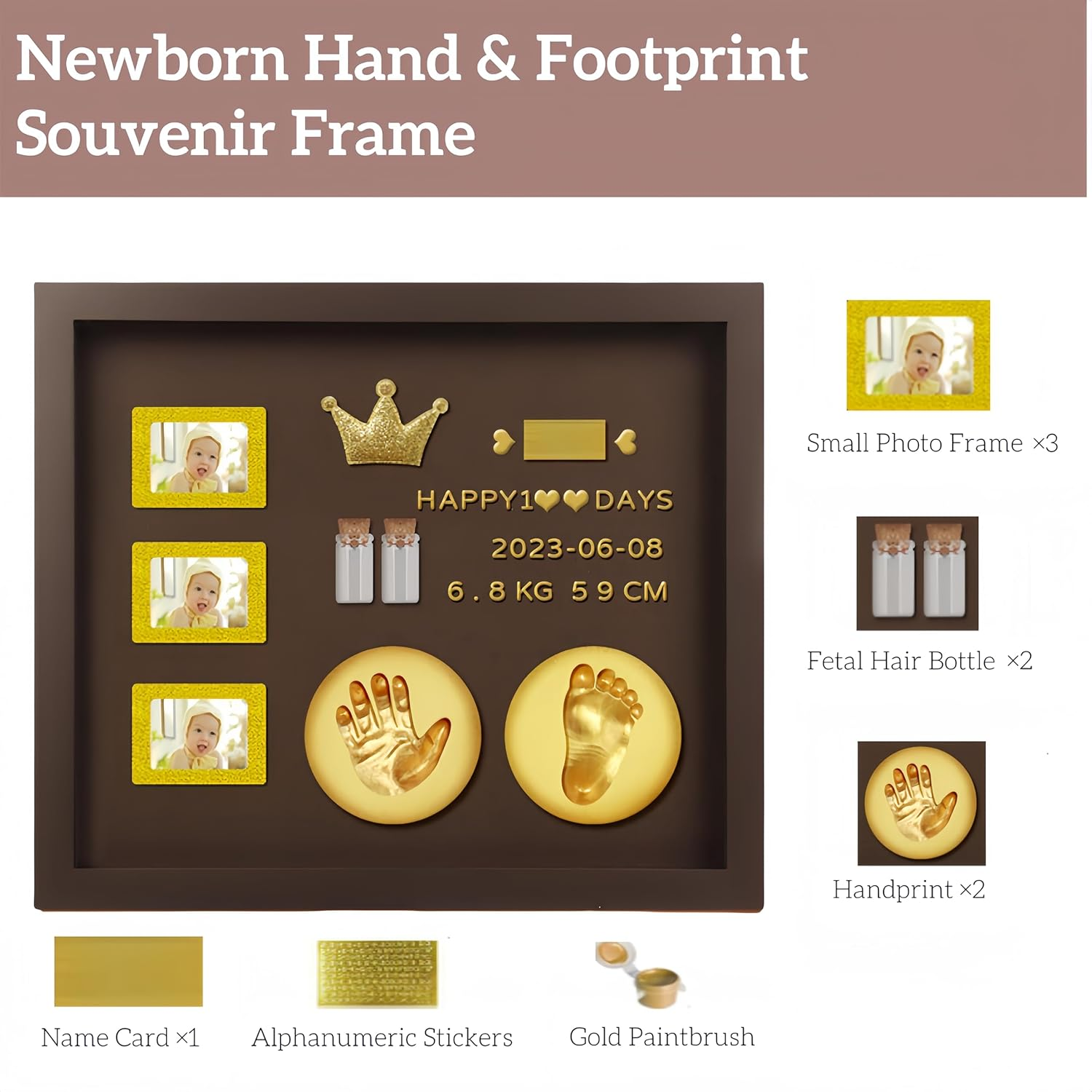 Baby Hand and Footprint Kit with 3 Photo Slots, Golden Ink Pad & Number/Letter Stickers, Non-Toxic Newborn Gift Set for Baby Shower, Nursery Decor, Keepsake Memory Frame image number 2