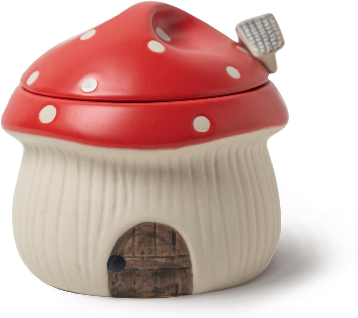 RESVUGA Ceramic Sugar Bowl with Lid & Spoon, Cute Mushroom House Design. Porcelain Seasoning Storage Jar, 14 Ounces. (Yellow)