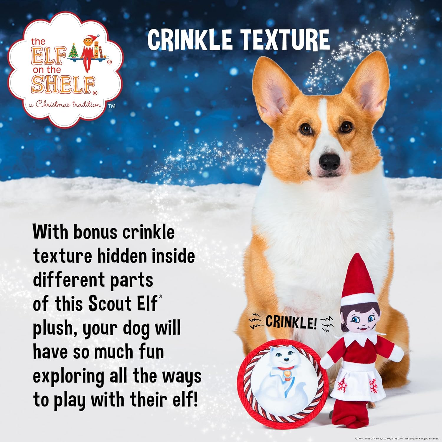 The Elf on the Shelf 2Pc Dog Toy Set with Elastic Scout Elf + Elf Pets Arctic Fox Plush Flattie Disk, Squeaky Dog Toys | Bungee Dog Toys for Tug | Stocking Stuffers for Dogs image number 4