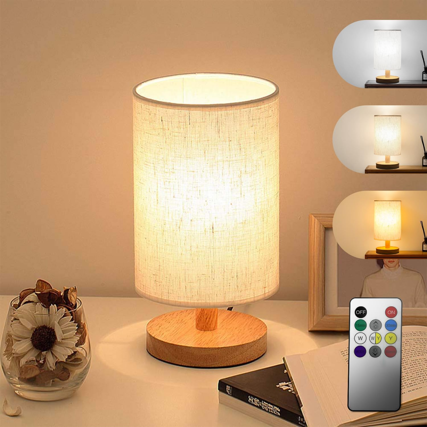 Necomi Bedside Table Lamp, LED Bedrooms Lamps with Remote Control, Dimmable & 3 Color Temperature, USB Power Minimalist Solid Wood round Base with Fabric Shade for Living Room, Kids Room, Office