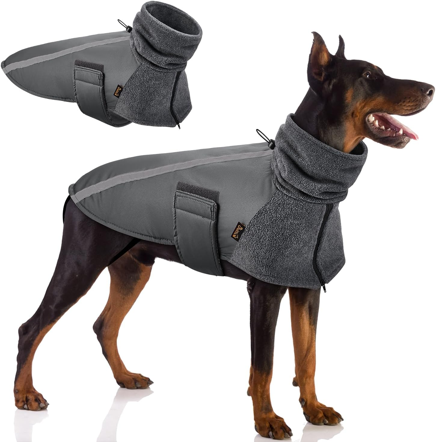 Slowton Winter Dog Coat, Warm Polar Fleece Lining Doggie Outdoor Jacket with Turtleneck Scarf Reflective Stripe Adjustable Waterproof Windproof Puppy Vest Soft Pet Outfits (X-Large, Grey)