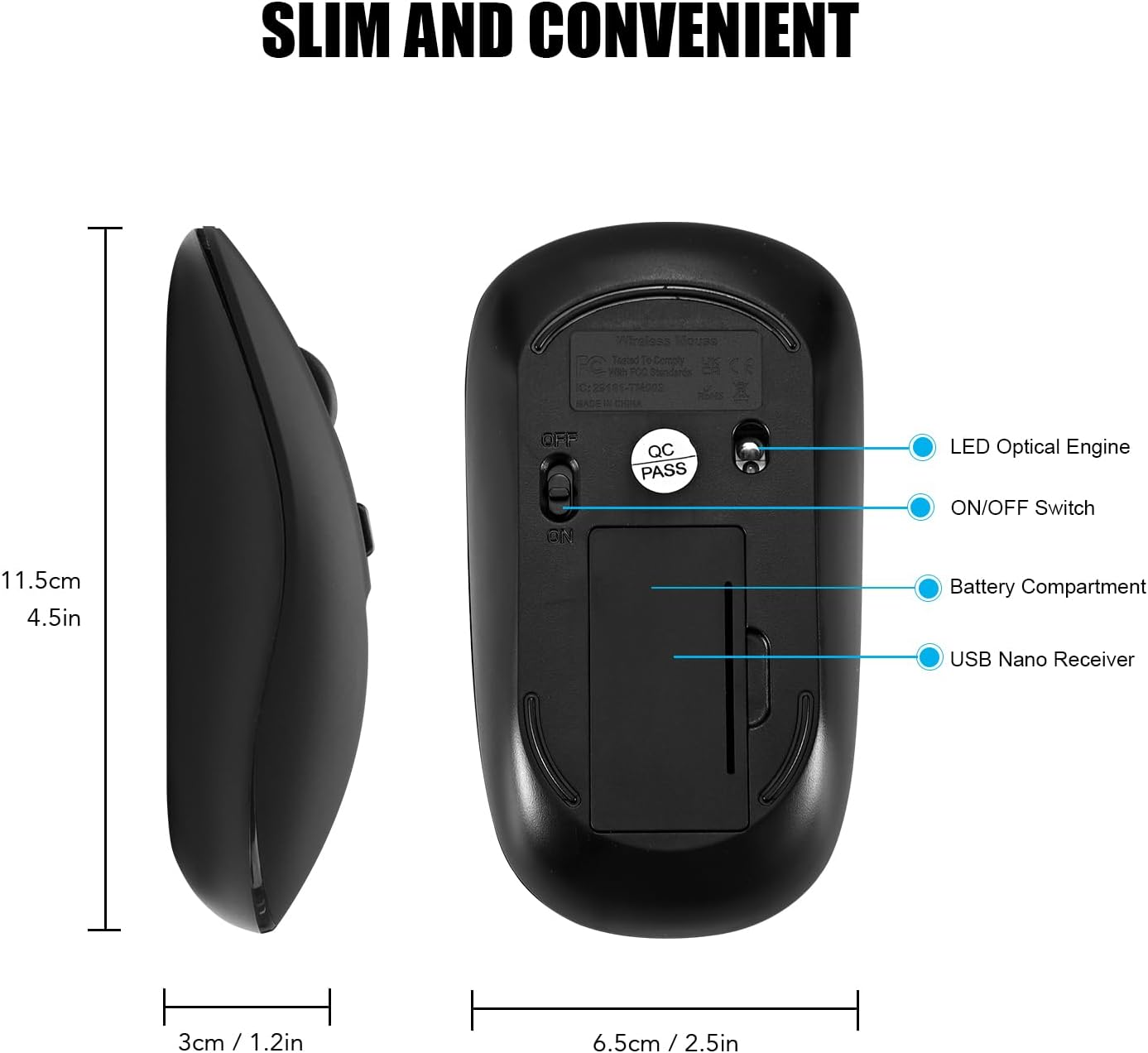 Wireless Mouse, Cimetech 2.4G Computer Mouse Cordless Optical Mice for Laptop, Slim Quiet Wireless Mouse with USB Nano Receiver ... BAT Black - Black image number 5