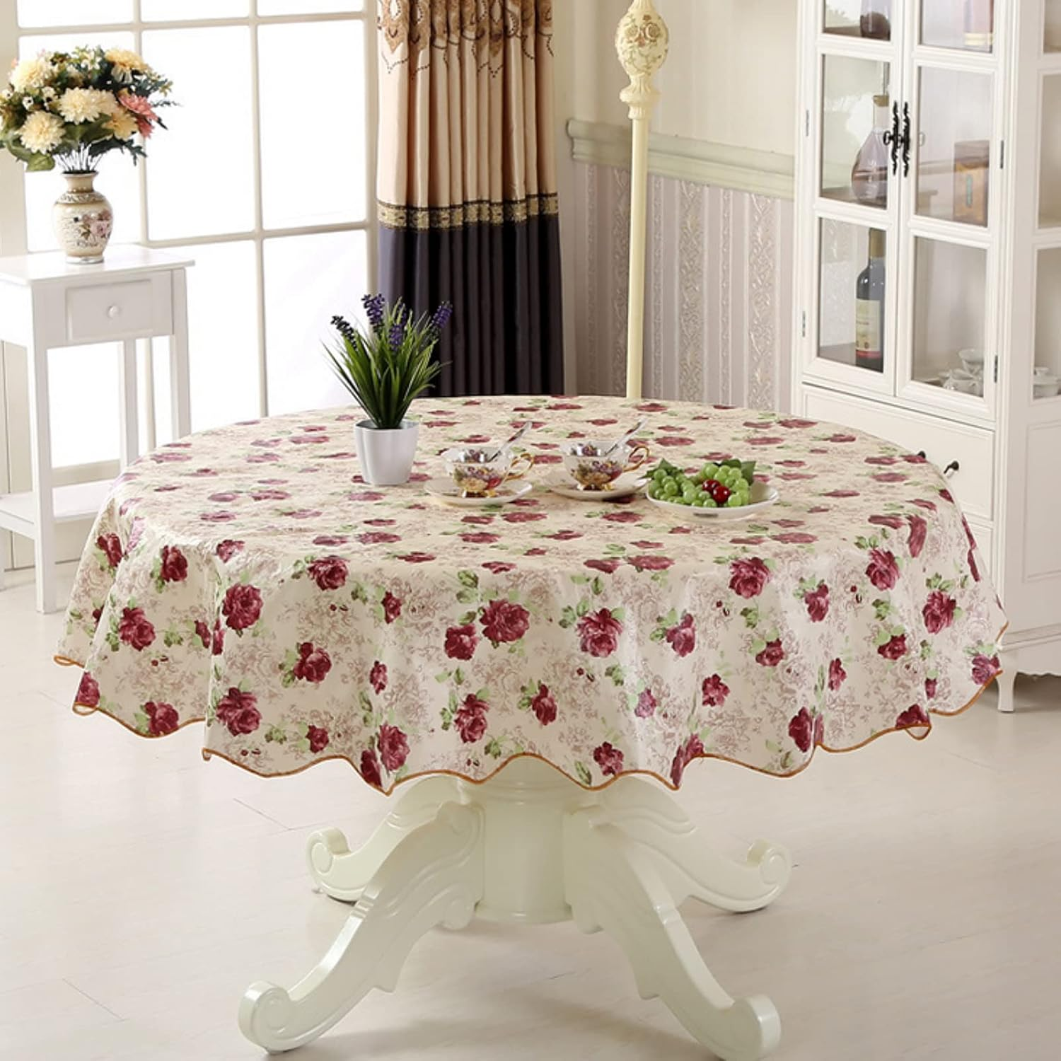 XUNQUCOM 150CM round Hotel Tablecloth Pure Color Restaurant Tablecloth Polyester Fabric Tablecloth Home Dinner Table Cloth,Washable Table Cover for Bridal Shower Wedding Party (Rose) image number 2