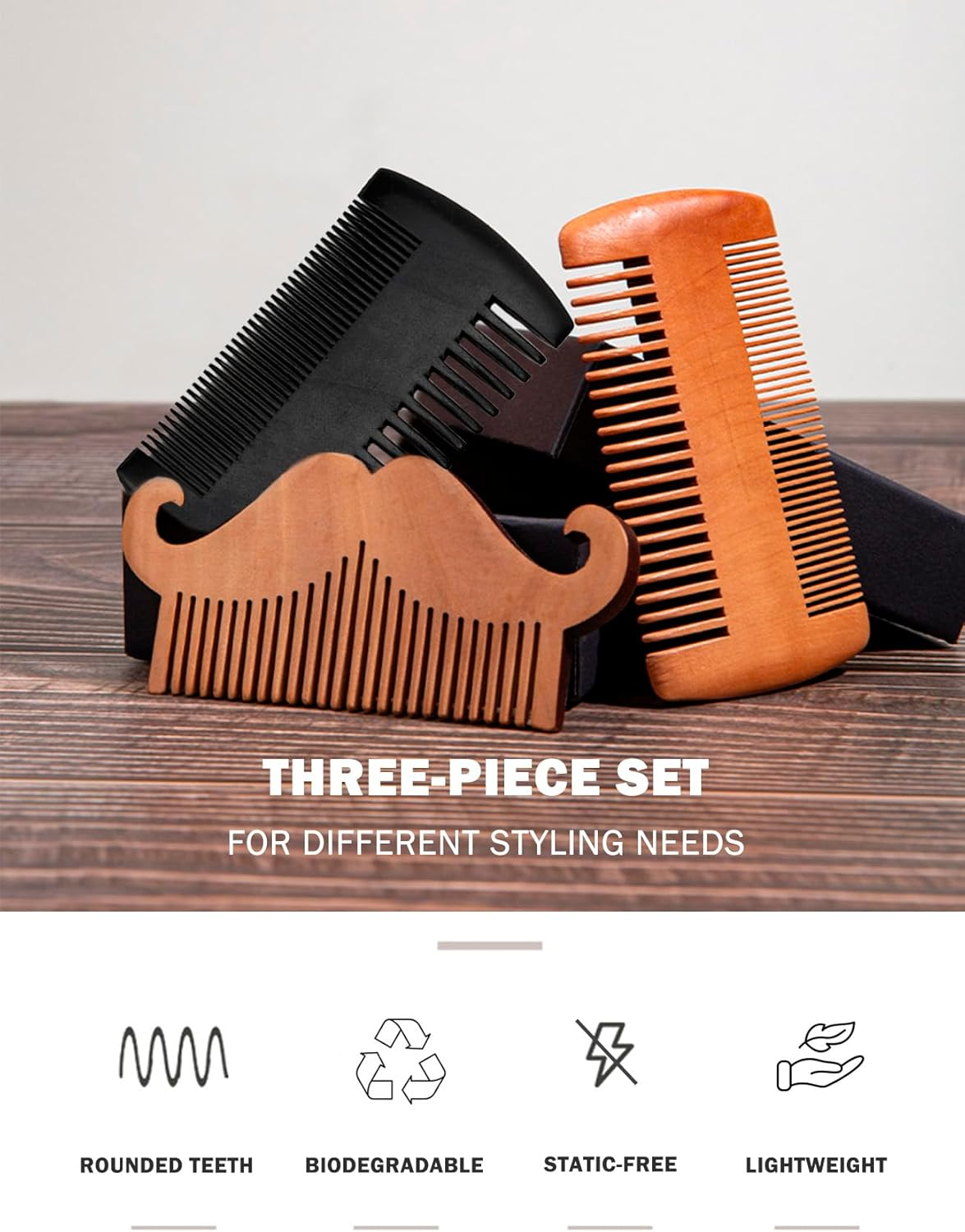 Rolxmed Wooden Beard Comb for Men Wide/Fine Close Teeth, Eco-Friendly Natural Peach Wood, Smooth, Lightweight, Portable for Travel (Set_1, 3 Pieces) image number 6