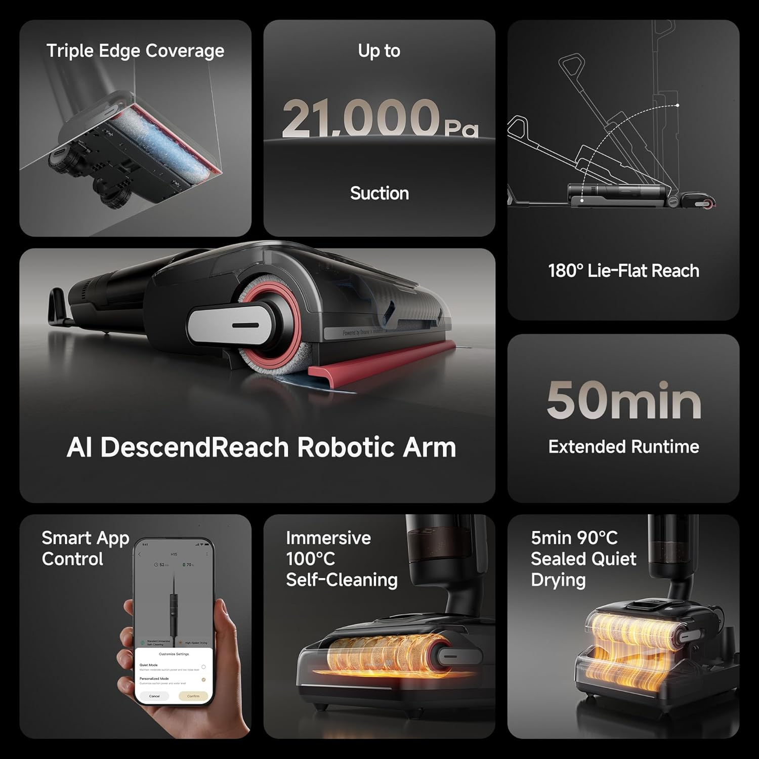 Dreame H15 Cordless Wet Dry Vacuum Cleaner 21,000 Pa Suction, AI Descendreach Robotic Arm, Triple Edge,Tangle Cut Hair 180&deg; Lie-Flat Reach, 100℃ Self-Cleanning,90℃ Quiet Drying 5Min,Extended Runtime image number 1