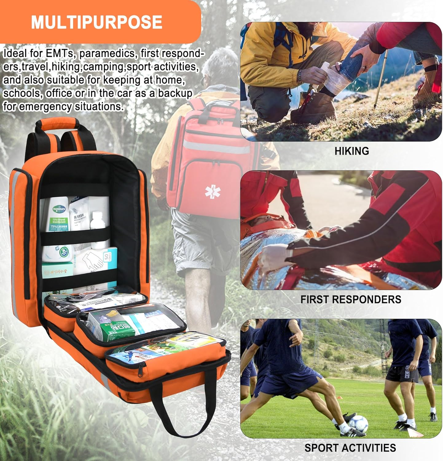 First Aid Backpack,Emergency Medical Backpack Empty - Orange image number 4