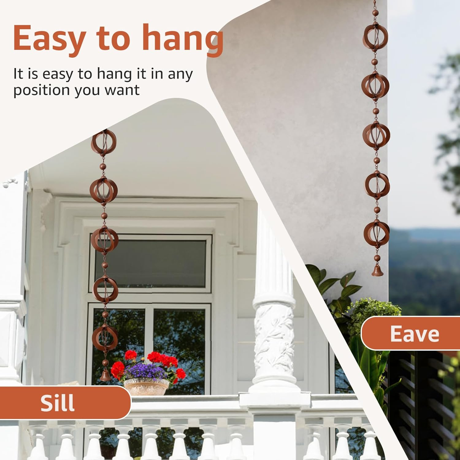 3.6 FT Rain Chain Decorative Iron Rain Gutter Chains Functional Replacement Downspout Chain Outdoor Rain Chains for Gutters Hanging Gutter Chain for Patio Yard image number 4