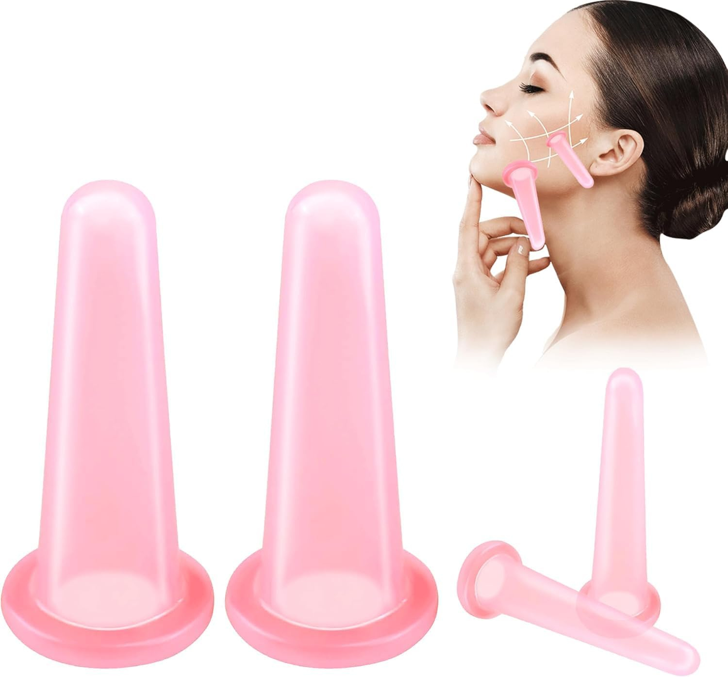 4-Piece Silicone Facial Cupping Set &ndash; Anti-Aging & Anti-Cellulite Vacuum Massage Cups for Face, Eyes, Neck, Back & Body Care &ndash; Rejuvenating Skin Beauty Tool(2 Small + 2 Large, Pink)