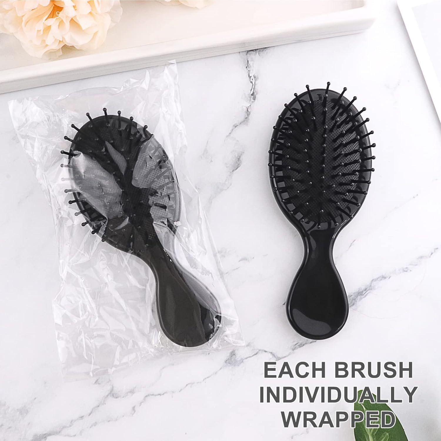 100 Pack Mini Hair Brushes Bulk, Travel Hair Brush Individually Wrapped, Soft Bristles Adds Shine, Scalp Massage and Detangling, Safe for All Hair Types Extensions, Wigs(Bright Black)