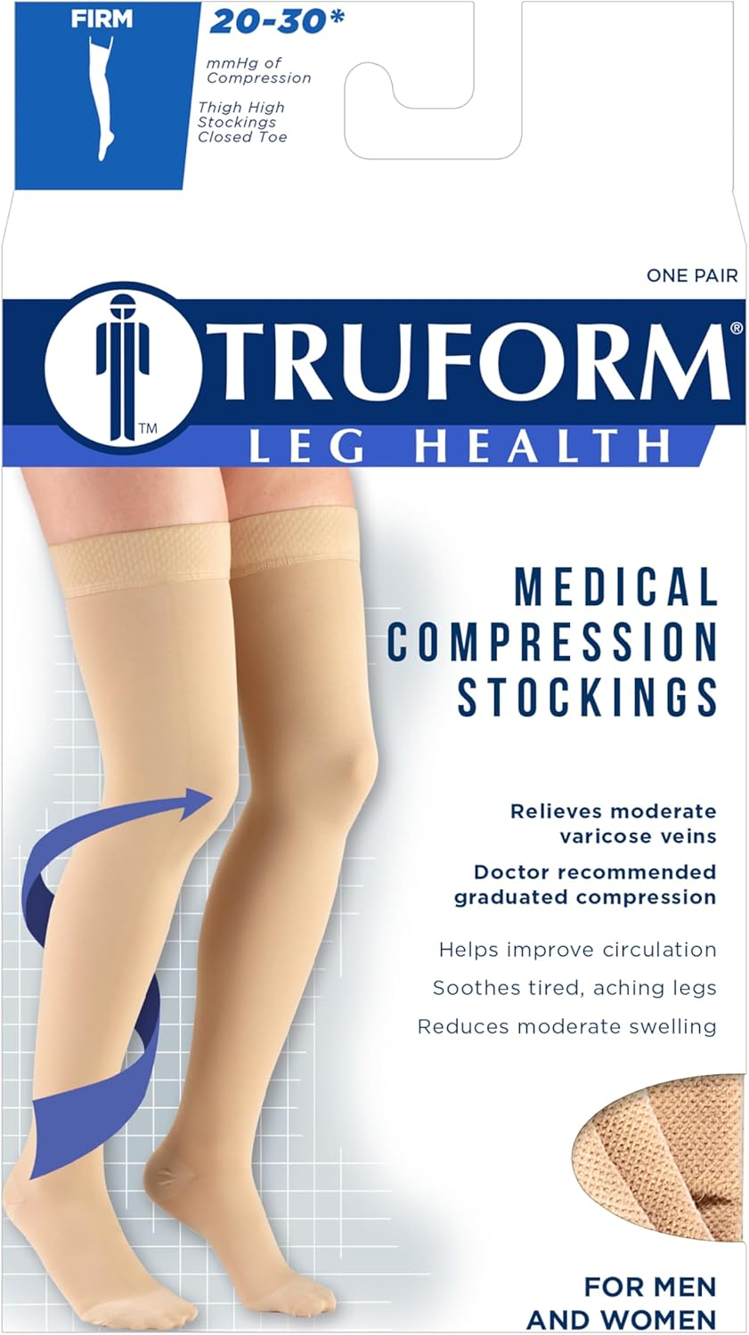 Truform 20-30 Mmhg Compression Stockings for Men and Women, Thigh High Length, Dot Top, Closed Toe, Beige, Medium image number 4