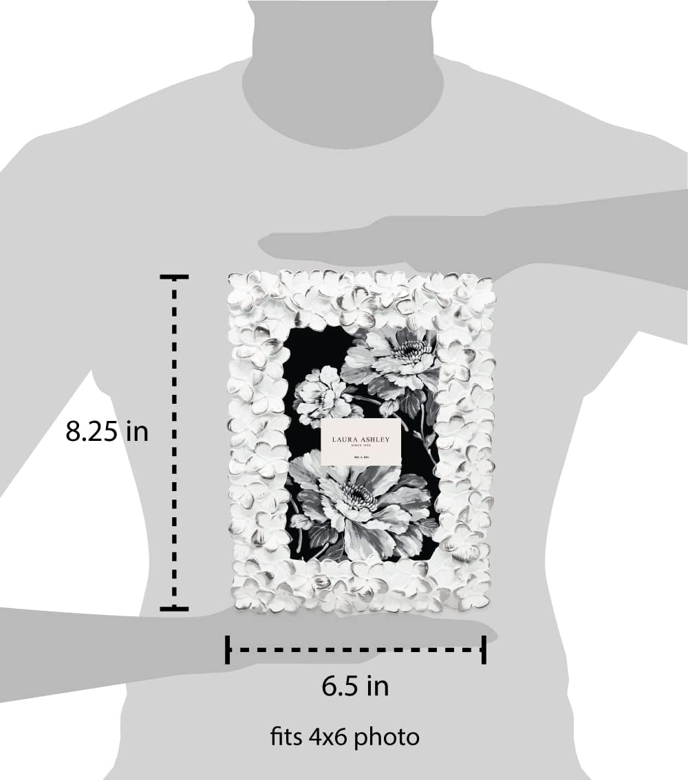 Laura Ashley 4X6 White & Silver Flower Textured Hand-Crafted Resin Picture Frame W/Easel & Hook for Tabletop & Wall Display, Decorative Floral Design Home D&eacute;cor, Photo Gallery, Art (4X6, White/Silver) image number 3