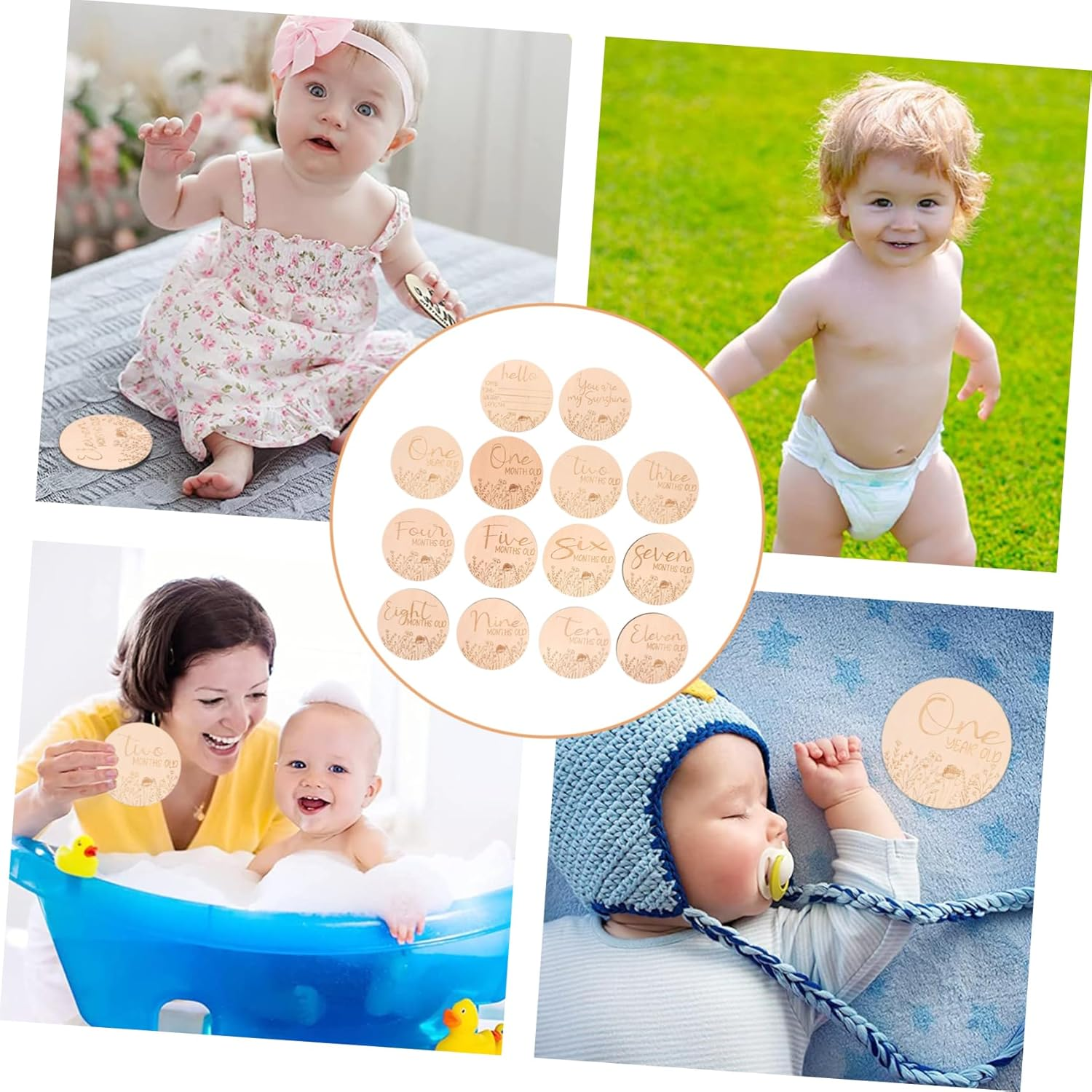 Baby Milestone Cards Wooden Monthly Milestone Circles Photo Prop Cards for Newborns Baby Photo Props Monthly Age Signs 14Pcs Set image number 6