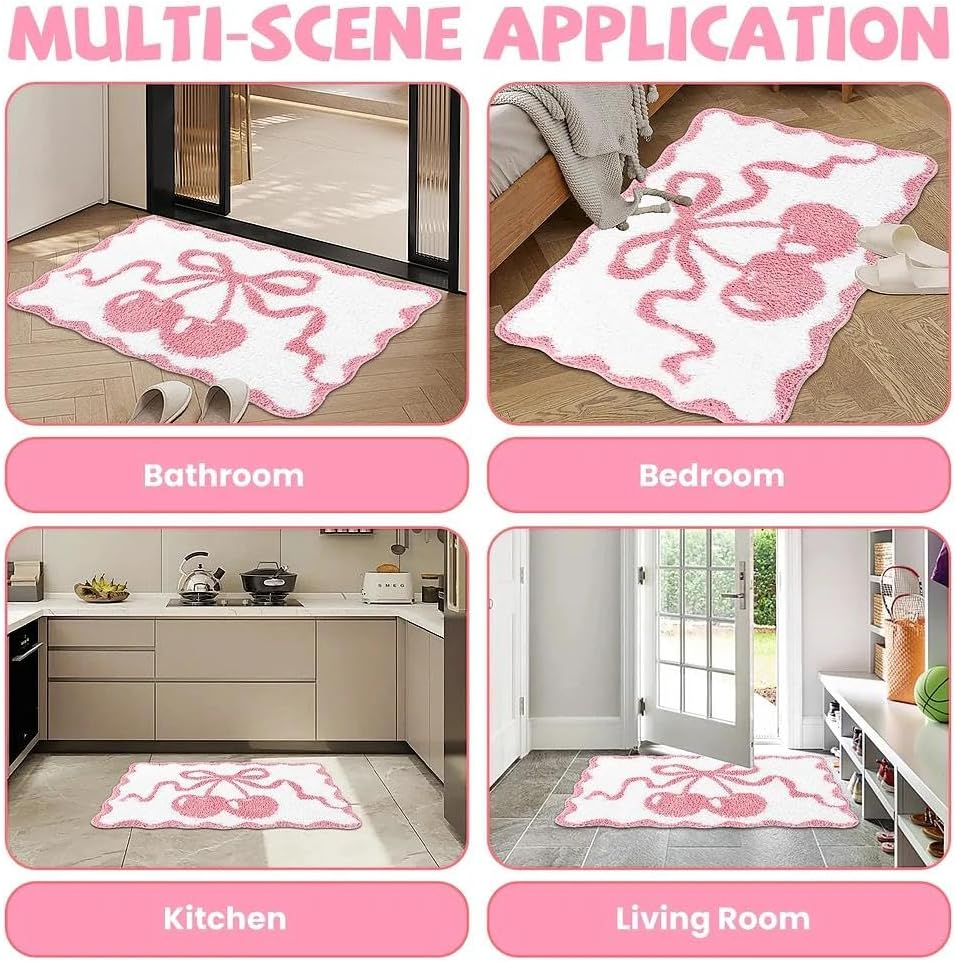 Cherry Bathmat, Non-Slip Bath Mat with Pink Cherry Design, Fluffy Faux Cashmere Bath Rug, Absorbent Pink Bath Mat for Bathroom & Kitchen, Machine Washable image number 3
