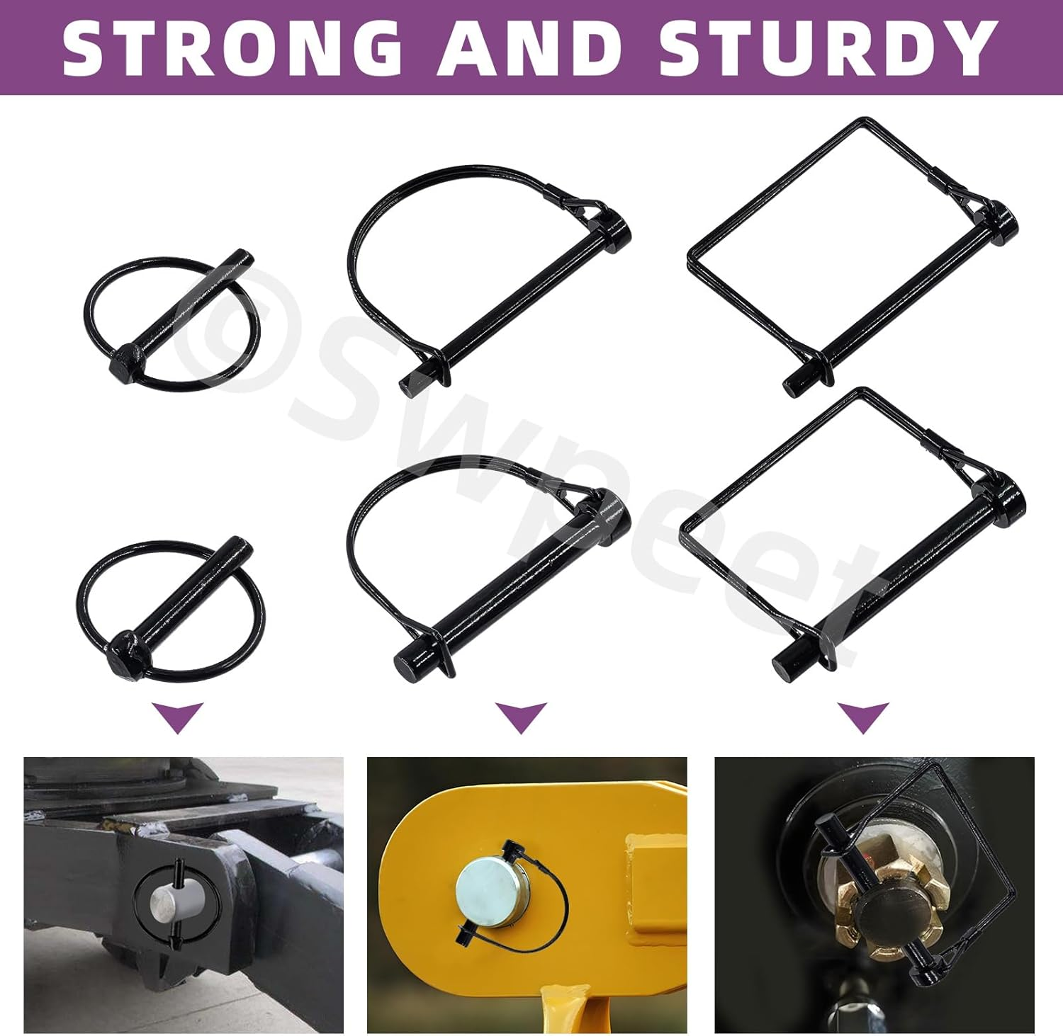 Swpeet 12Pcs 6 Sizes 1/4" 5/16" 3/8" Black Zinc Plated Heavy Duty Shaft Locking Pin Assortment Kit, Round/Square/Arch Safety Coupler Pin, Wire Lock Pin, Hitch Pto Pin for Trailers, Towing, Lawn image number 1