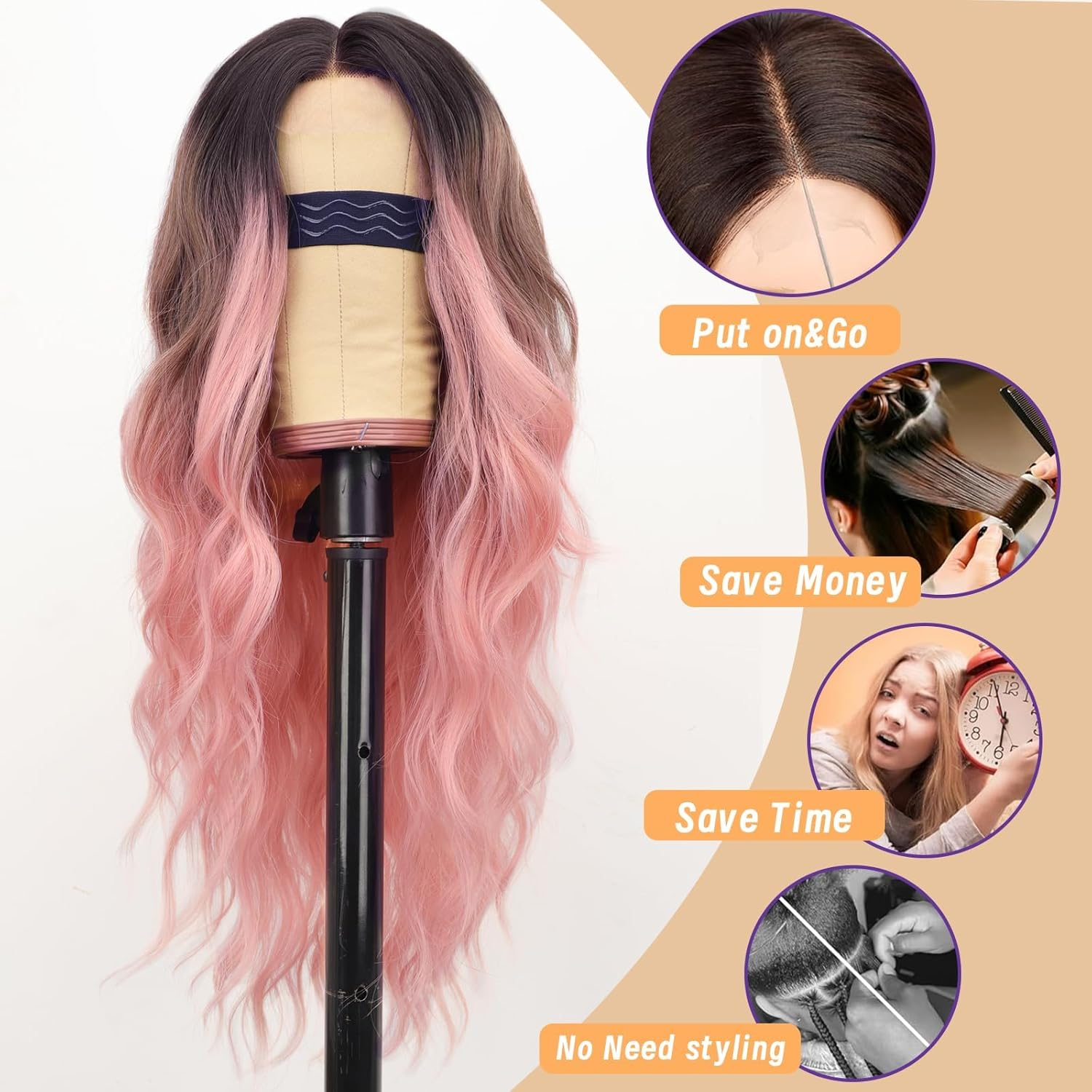 Jnilygo Gray and White Wig for Women, Long Wavy Lace Hairline Middle Part Synthetic Heat Resistant Wig for Daily Party-26 Inch image number 1