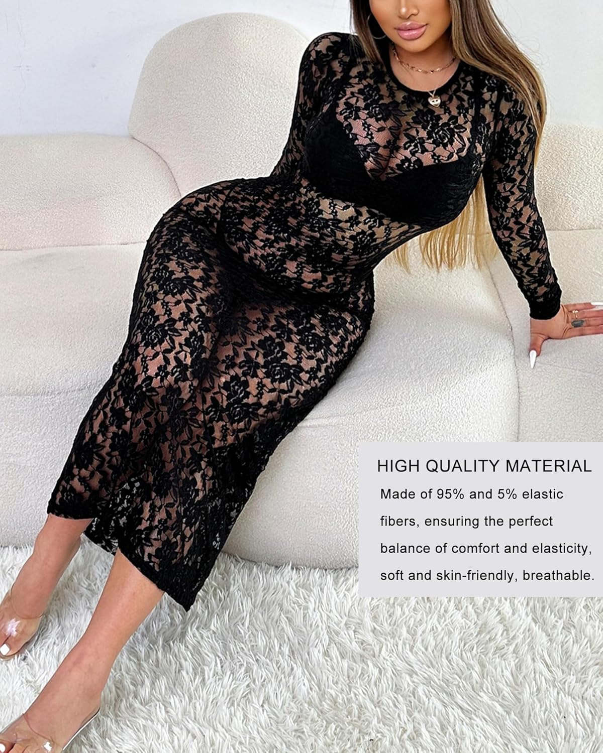 Elegant Long Sleeve Lace Dress for Women - Lace Maxi Dress with Sheer Overlay, Sexy Maternity & Evening Gown