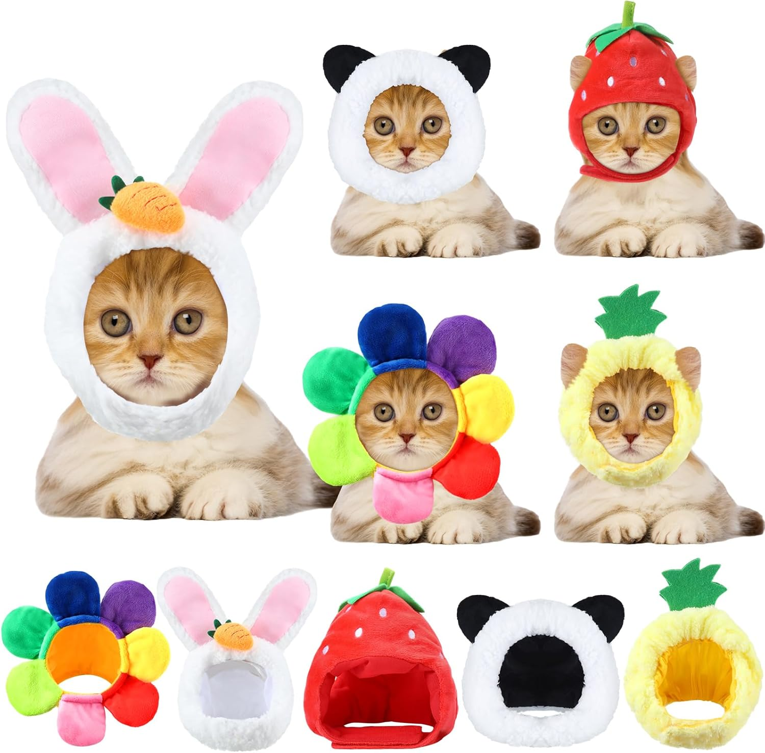 5 Pcs Cat Hat Adorable Costume Bunny Hat with Ears Funny Mane Cat Hat for Cats and Small Dogs Kitten Puppy Party Costume Accessory Headwear (Panda, Rabbit, Pineapple, Strawberry, Flower)