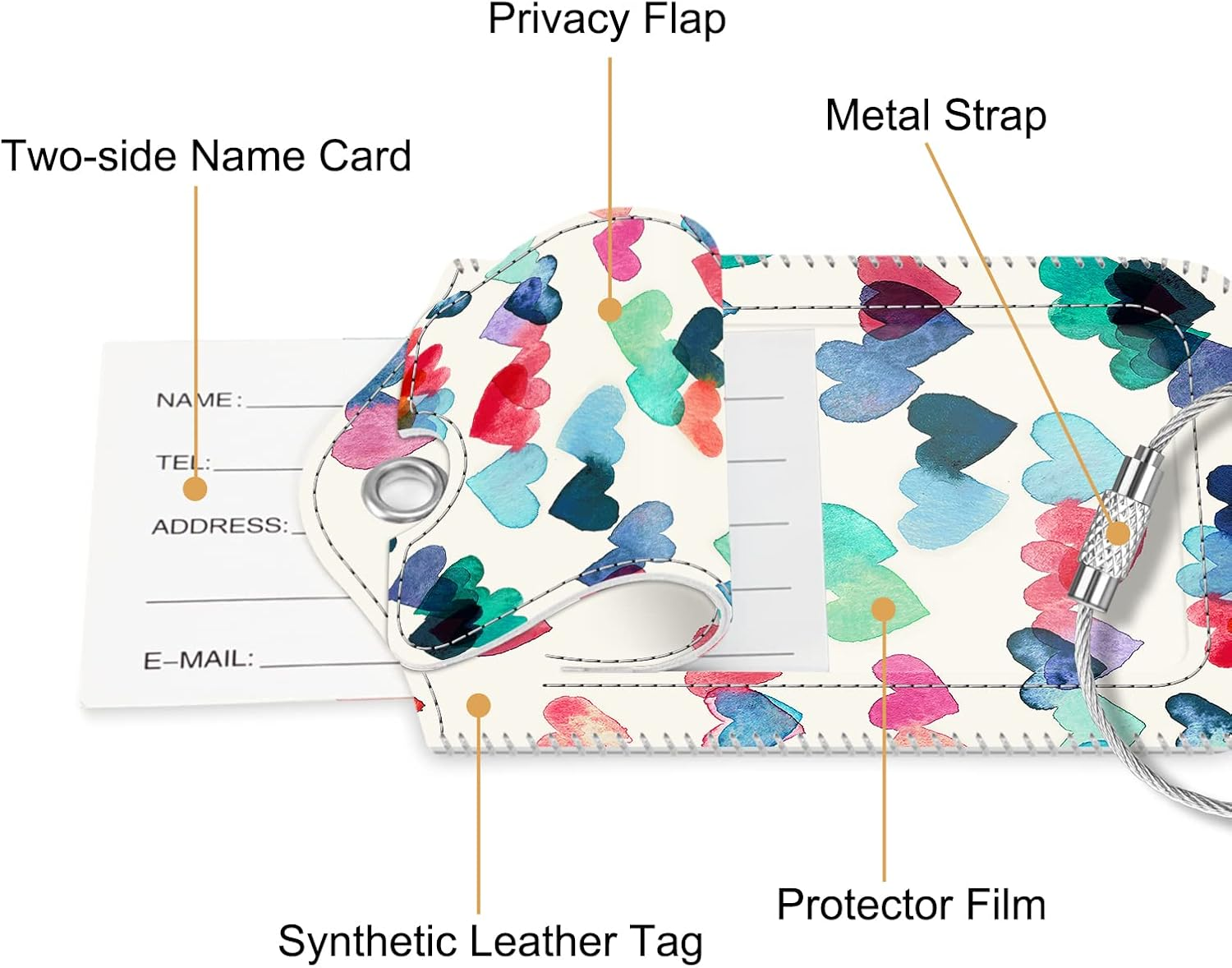 Fintie Luggage Tags, Privacy Cover ID Label with Stainless Steel Loop and Address Card for Travel Bag Suitcase - Raining Hearts (2 Piece) image number 1