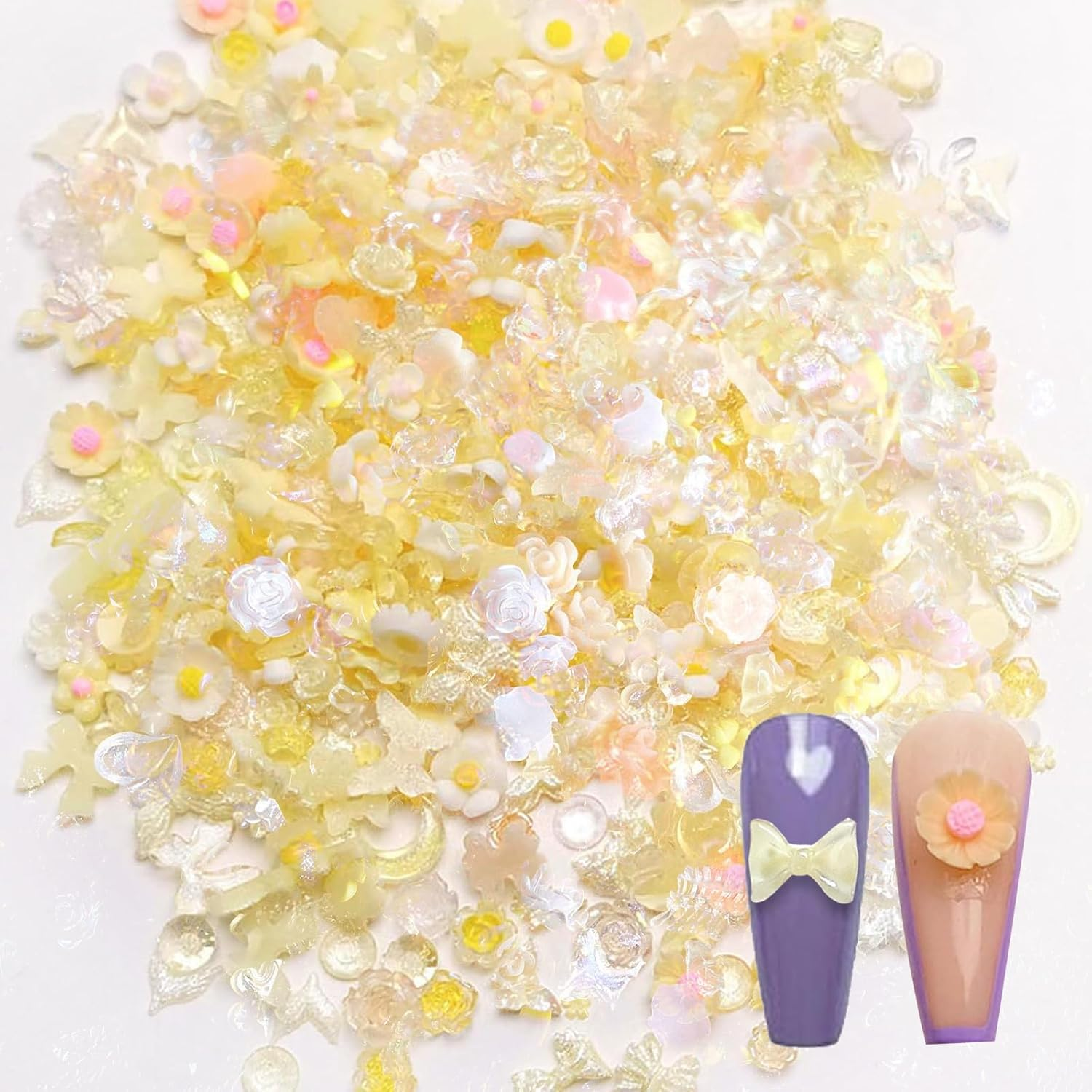 220Pcs Yellow 3D Nail Charms,Cute Resin Nail Art Charms for Acrylic Nail Decoration,Camellia Rose Flower Butterfly Bowknot Heart Bear Rabbit Star Sailor Moon Charm for Women Acrylic Nail Decor Supplies image number 4