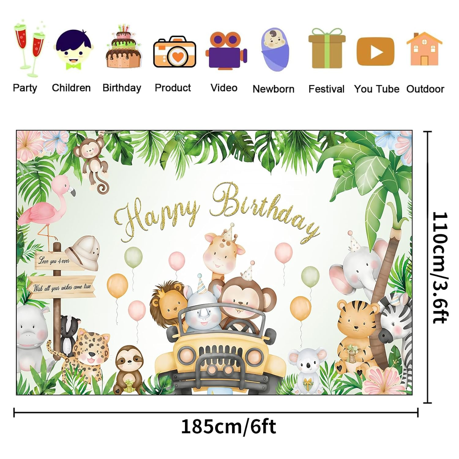 WVMNQO 6 * 3.6Ft Happy Birthday Banner, Jungle Animals Birthday Gifts for Boys and Girls, Reusable Birthday Decorations, Durable Party Decorations Backdrop, Party Supplies Photography Background image number 2