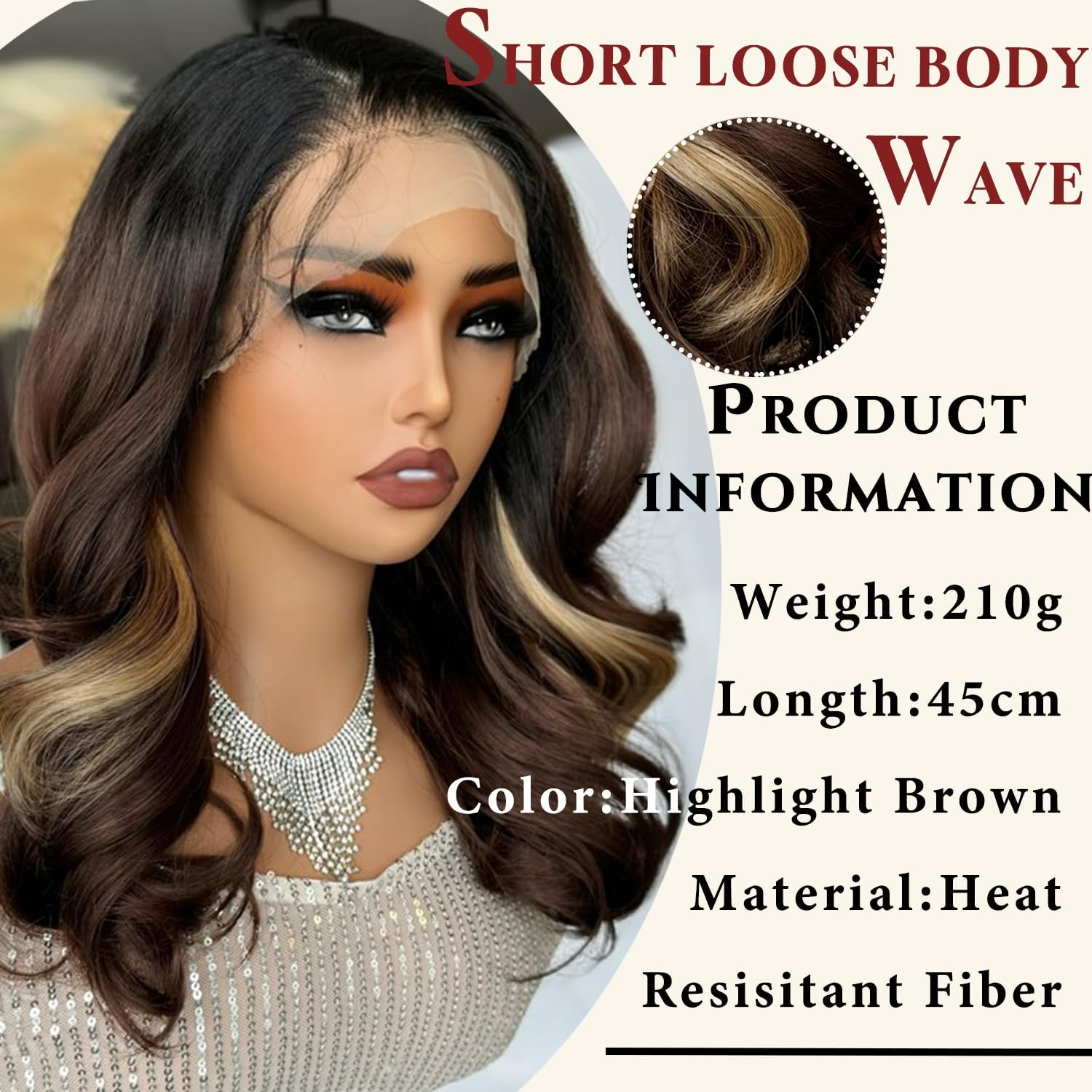 Synthetic Brown Lace Wigs 18 Inches Short Square 13 X 6 Lace Front with Free Parting Pre-Plucked Wavy Wigs for Women image number 5